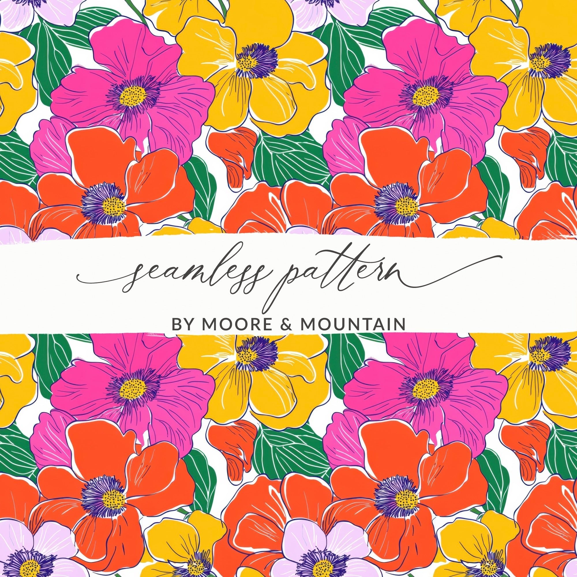 Preppy Pink Orange Yellow Floral 60's Floral Pattern, Seamless Pattern, Digital Background, Digital Paper, Fabric Design, Digital Product - Moore and Mountain