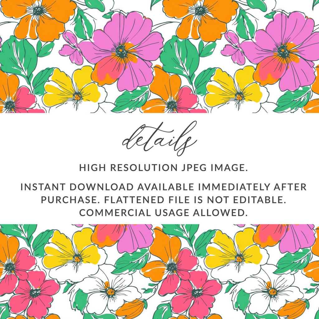 Preppy Pink, Orange, Yellow Floral Seamless Pattern, 60's floral pattern, Digital Background, Commercial Use, Repeat Pattern - Moore and Mountain