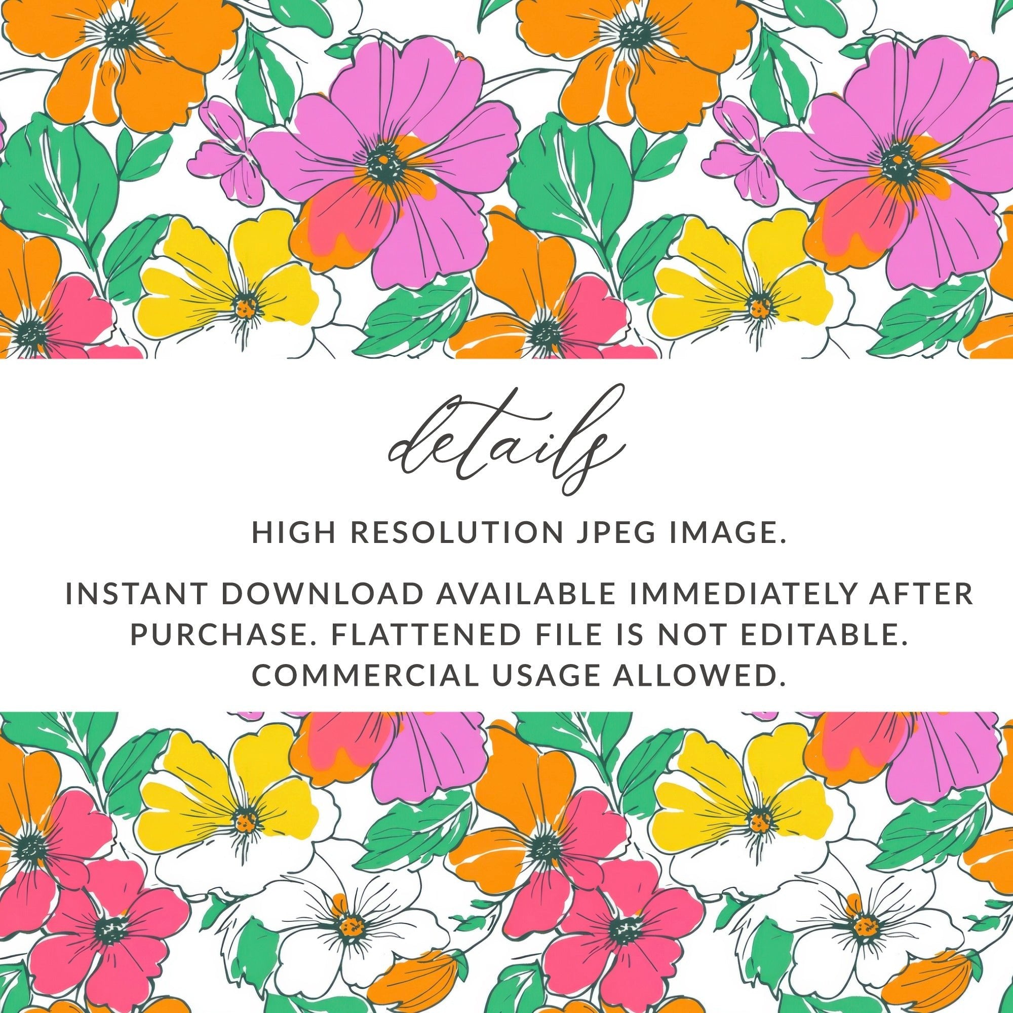 Preppy Pink, Orange, Yellow Floral Seamless Pattern, 60's floral pattern, Digital Background, Commercial Use, Repeat Pattern - Moore and Mountain