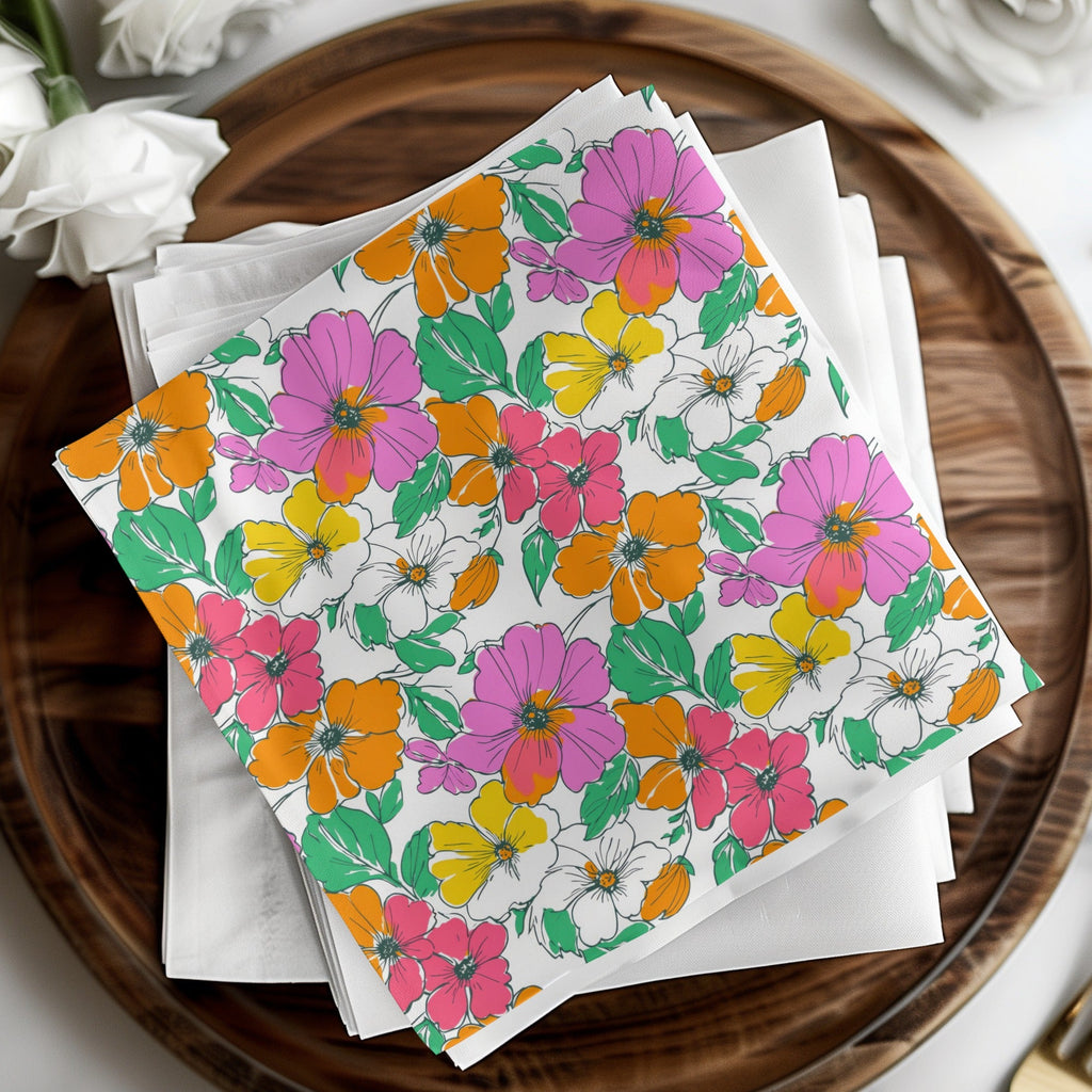 Preppy Pink, Orange, Yellow Floral Seamless Pattern, 60's floral pattern, Digital Background, Commercial Use, Repeat Pattern - Moore and Mountain