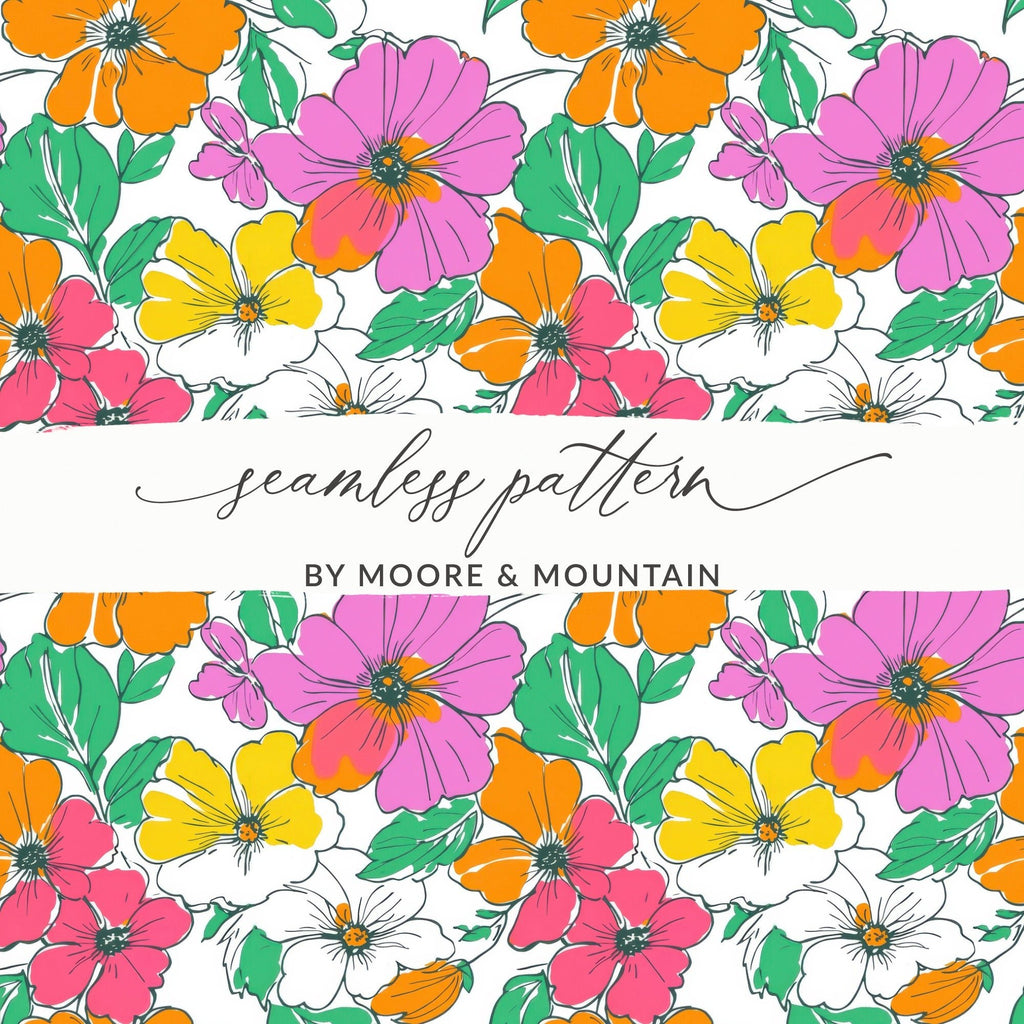Preppy Pink, Orange, Yellow Floral Seamless Pattern, 60's floral pattern, Digital Background, Commercial Use, Repeat Pattern - Moore and Mountain