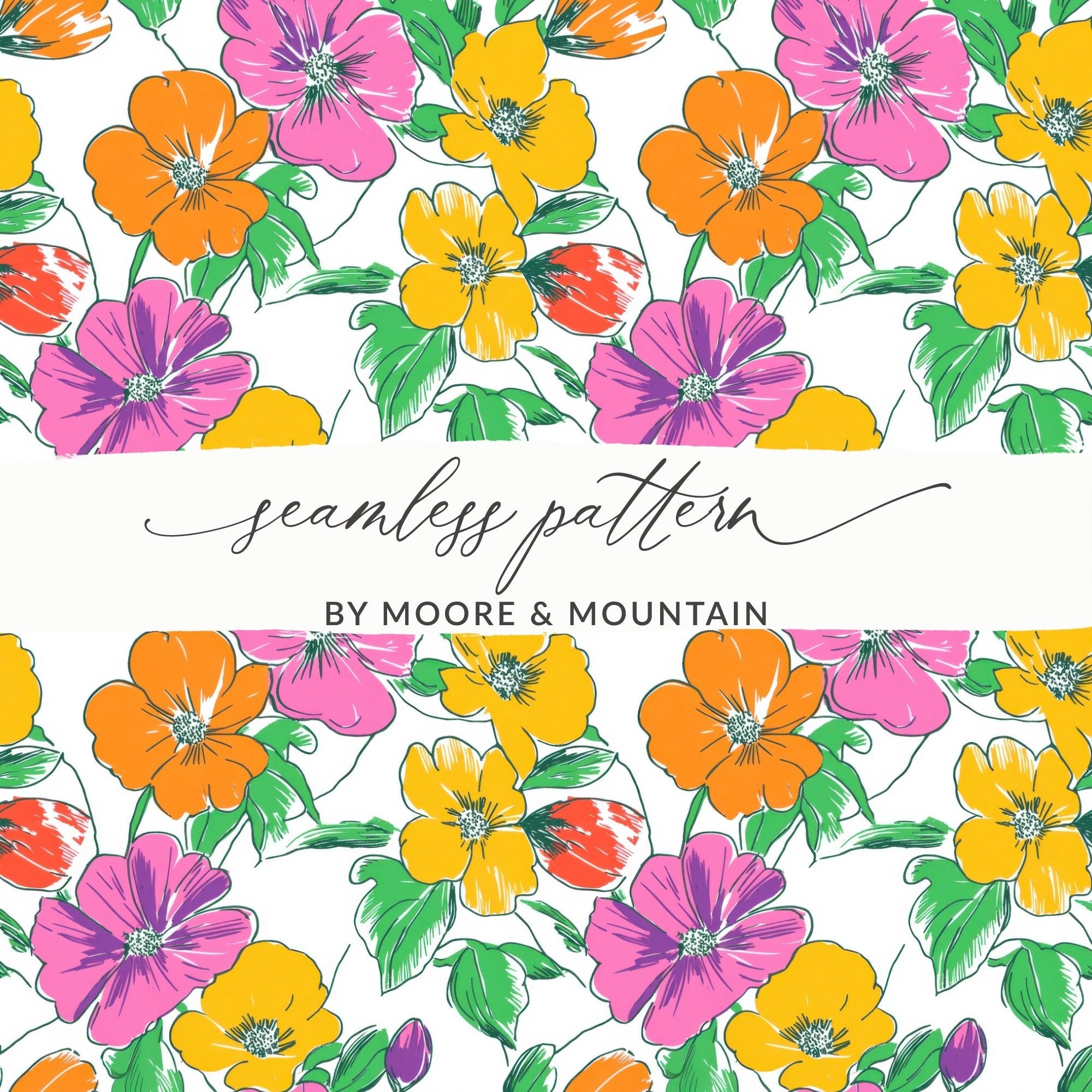 Preppy Pink Orange Yellow Floral Seamless Pattern, 60's floral pattern, Digital Background, Repeat Pattern, Fabric Design, Digital Paper, Digital - Moore and Mountain