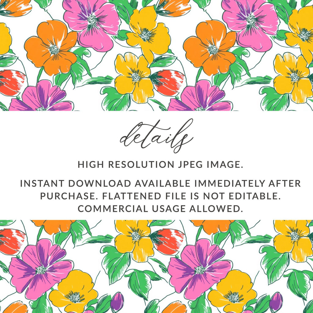 Preppy Pink Orange Yellow Floral Seamless Pattern, 60's floral pattern, Digital Background, Repeat Pattern, Fabric Design, Digital Paper, Digital - Moore and Mountain