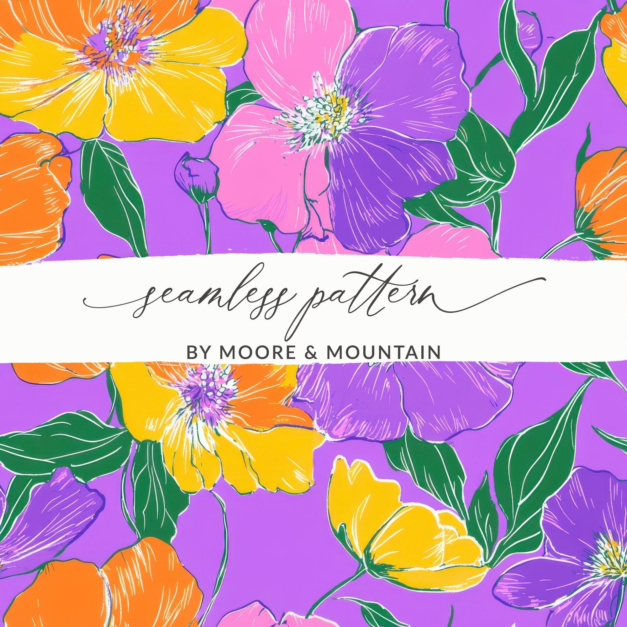 Preppy Purple 60s Floral Pattern, Groovy Floral Background, Digital Seamless Retro Flowers, Repeat Pattern for Fabric, Wallpaper Digital - Moore and Mountain