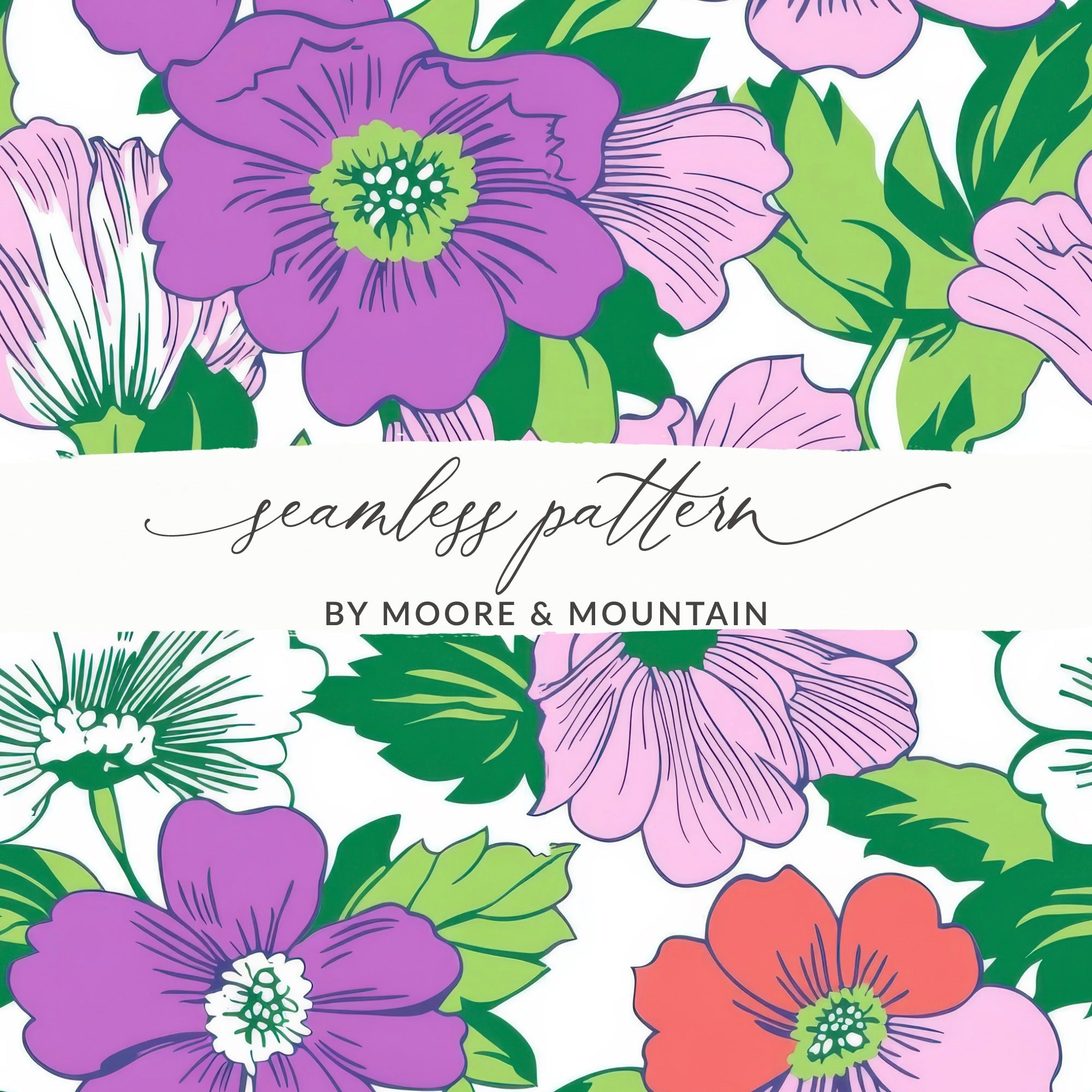 Preppy Purple Groovy Floral Background, 60s Floral Pattern Digital Paper, Retro Flower Seamless Pattern, Floral Clipart, Fabric Design - Moore and Mountain