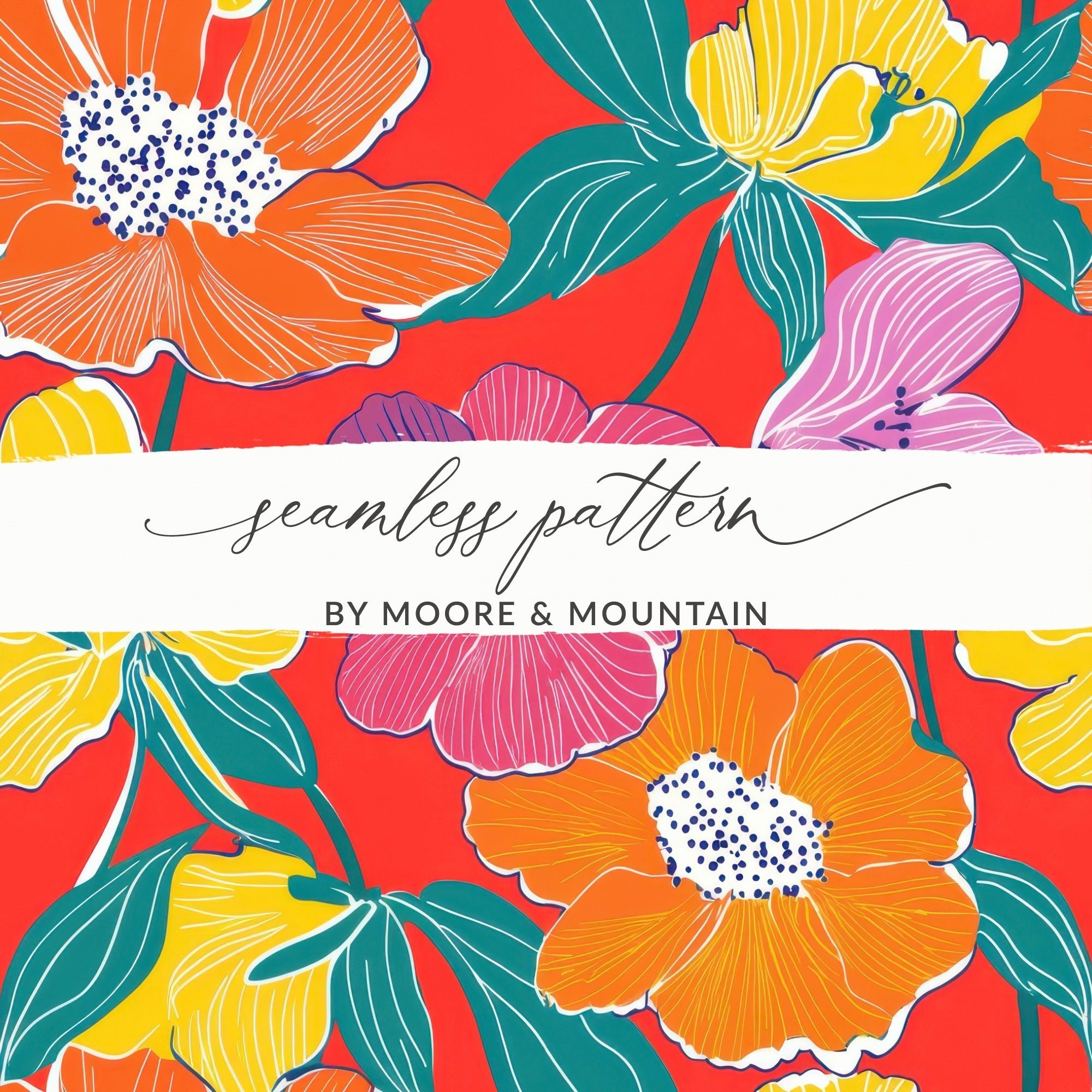 Preppy Red Digital Paper, 60s floral pattern, Seamless Retro Flowers, Flower Pattern Digital, Groovy Floral Background, Print File - Moore and Mountain