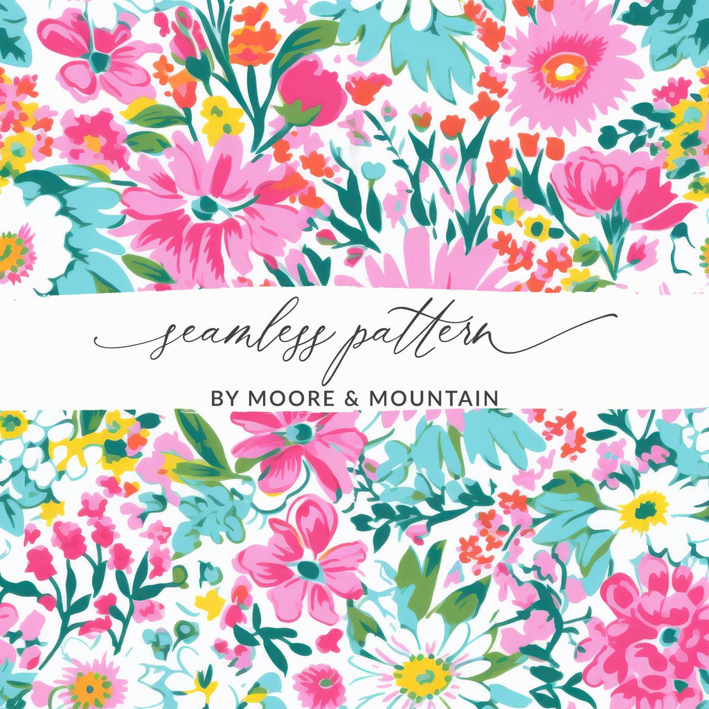 Preppy Summery Pink Floral Digital Paper, Seamless Bright Pink Preppy Background Pattern - Moore and Mountain