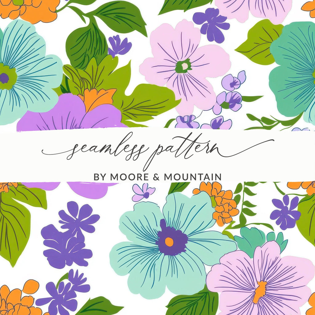 Preppy Teal Groovy Floral Background, 60s Floral Pattern, Seamless Retro Flowers, Digital Paper, Fabric Design, Commercial Use - Moore and Mountain