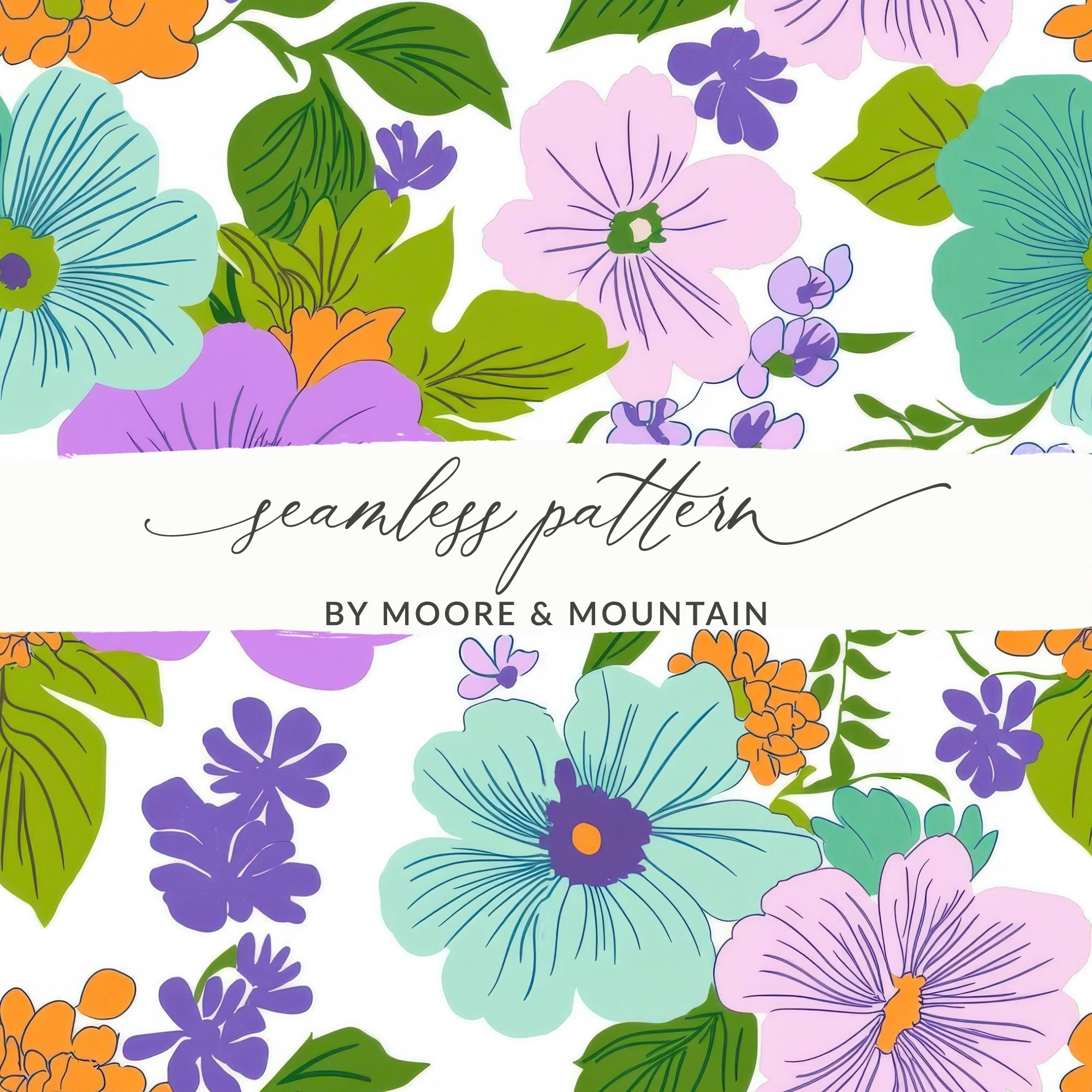 Preppy Teal Groovy Floral Background, 60s Floral Pattern, Seamless Retro Flowers, Digital Paper, Fabric Design, Commercial Use - Moore and Mountain