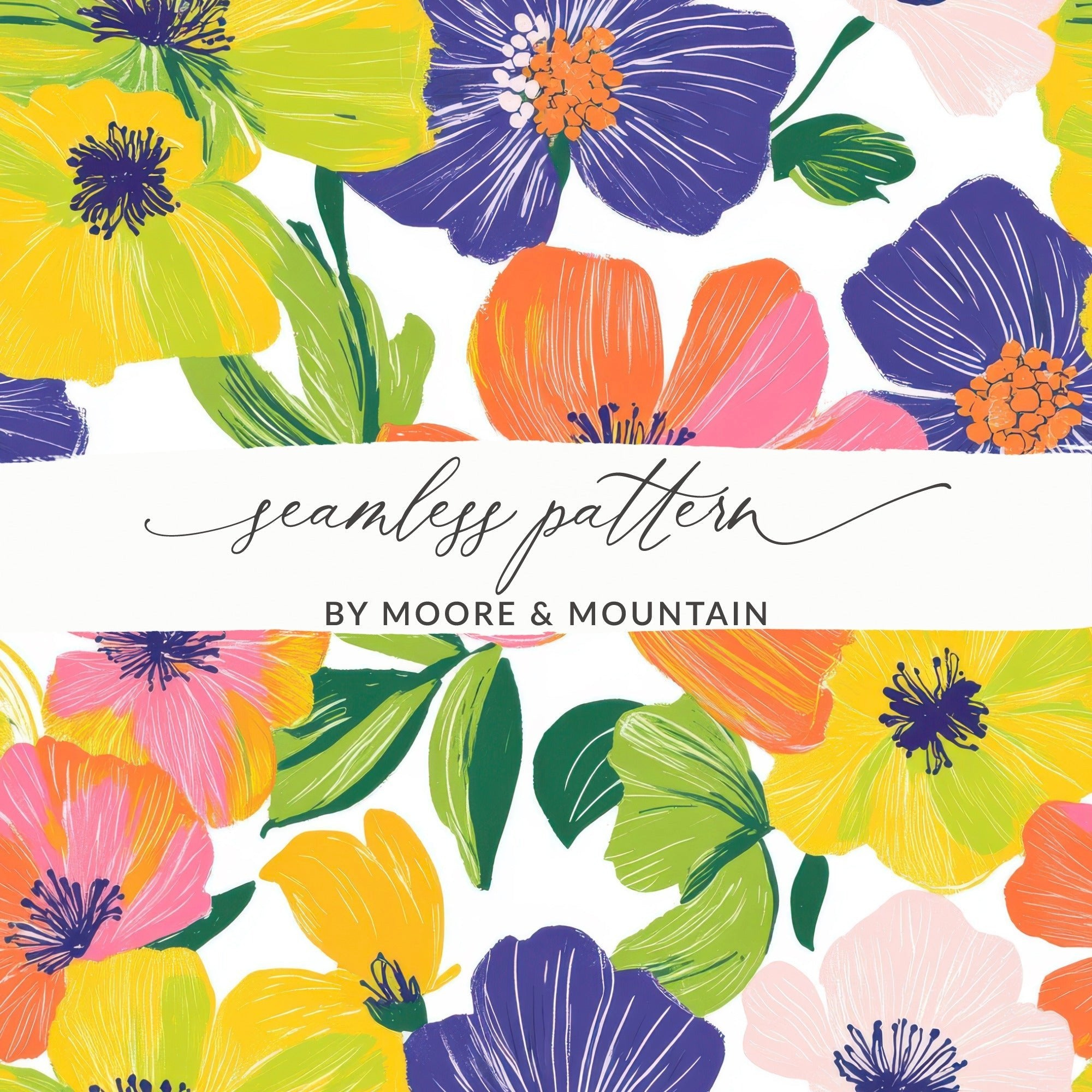 Preppy Yellow Floral Digital Paper, Groovy Floral Background, Seamless Retro Flowers, Fabric Design, Scrapbooking Paper, Printable Art - Moore and Mountain