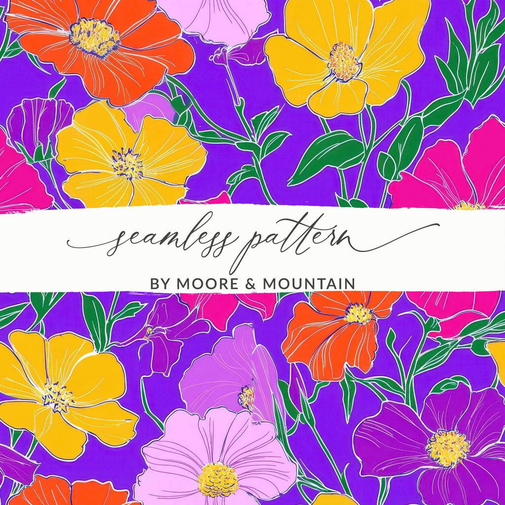 Purple Preppy 60s floral pattern, Groovy Floral Background, Seamless Retro Flowers Digital Products, Pattern Design - Moore and Mountain