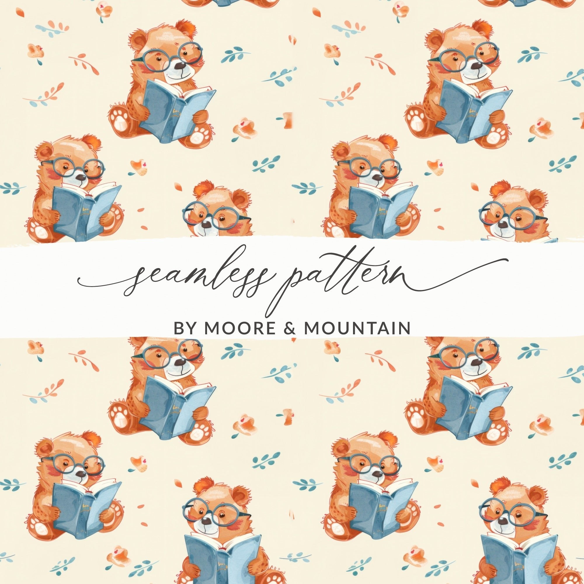 Reading Bear Digital Pattern, Seamless Teddy Bear Print, Cute Animal Illustration, Background for Kids, Scrapbooking Paper, Fabric Design - Moore and Mountain