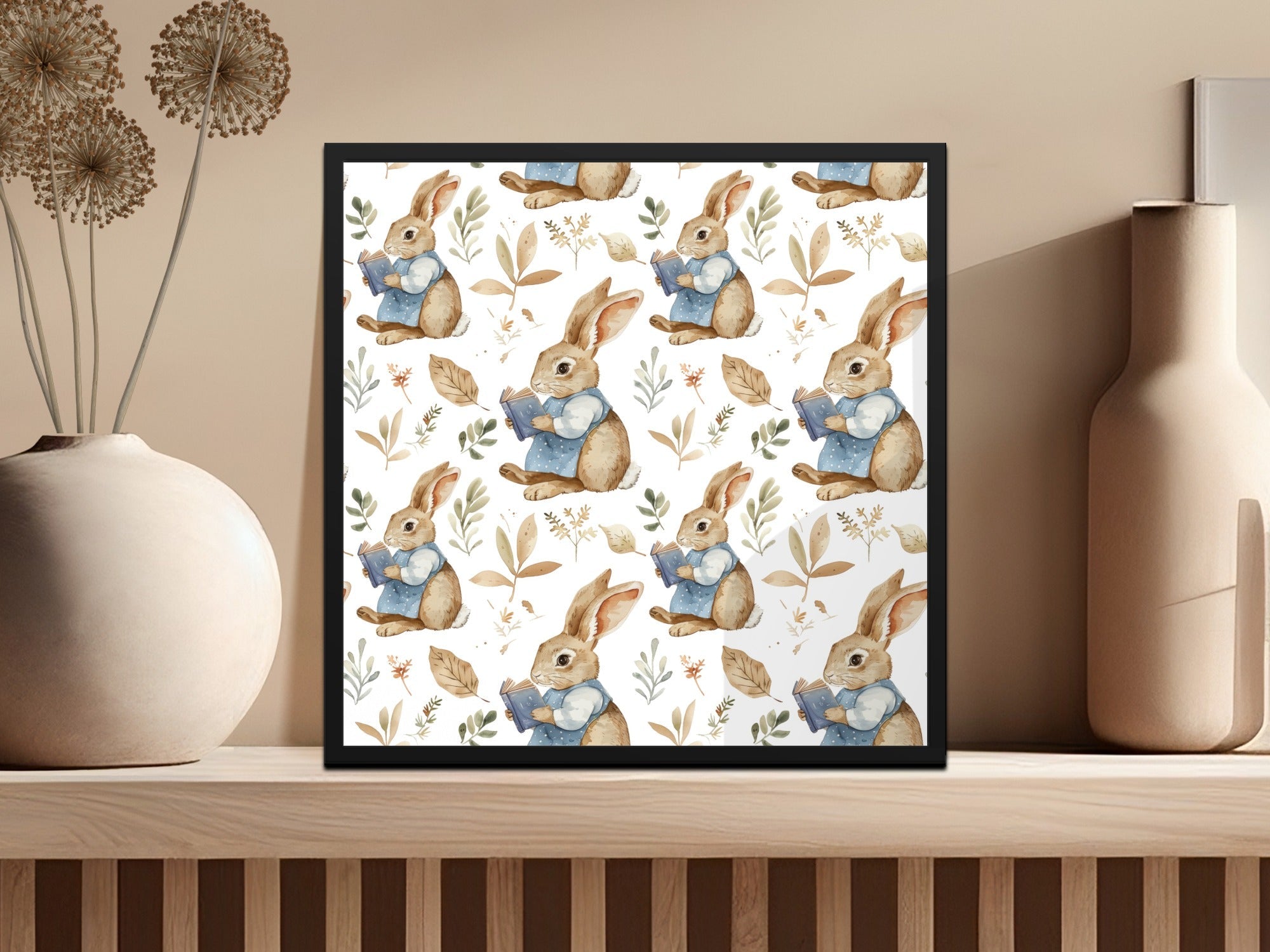 Reading Bunny Seamless Pattern Digital Paper, Easter Rabbit Fabric Design, Watercolor Floral Background, Cute Animal Surface Pattern - Moore and Mountain