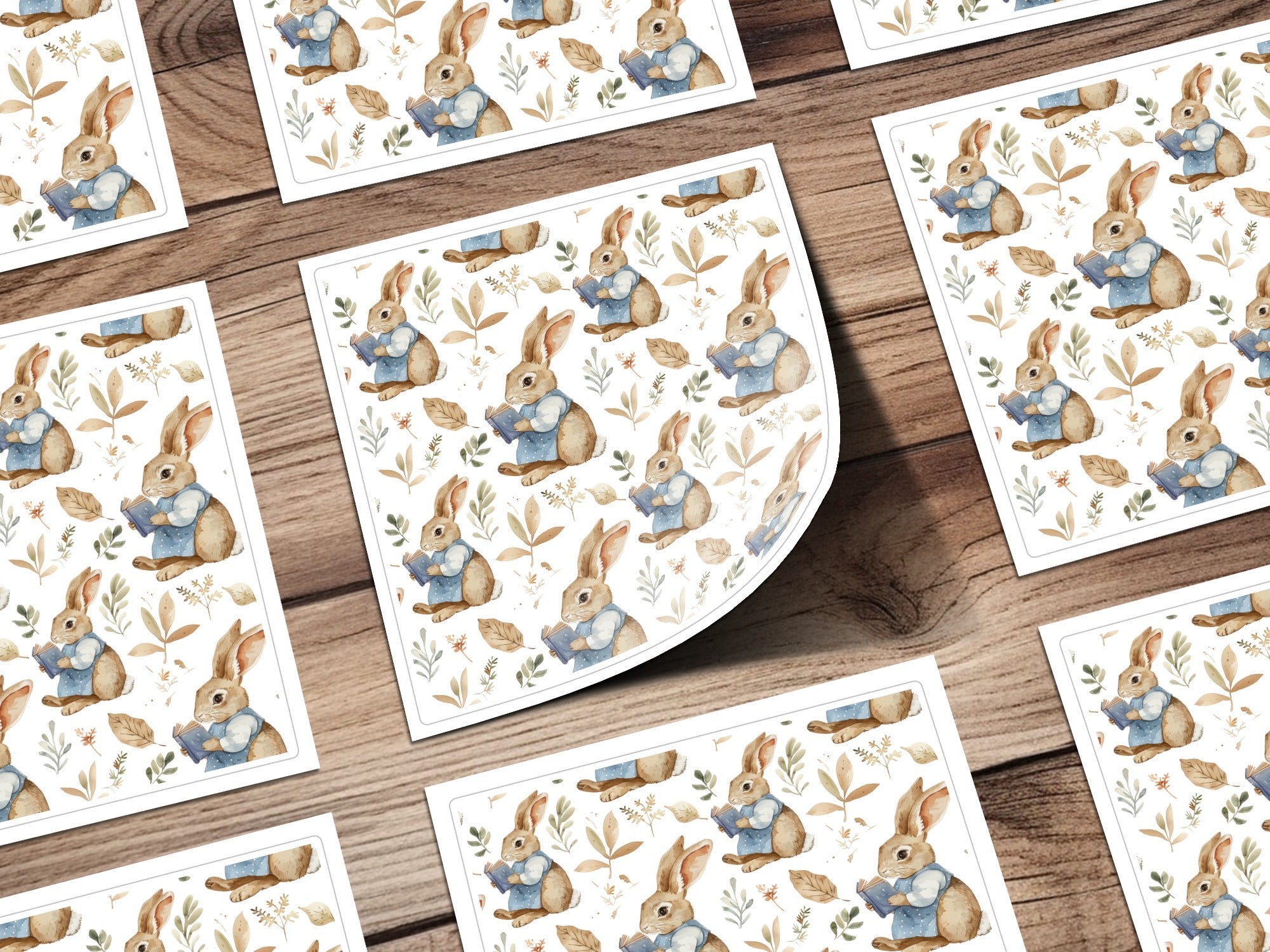 Reading Bunny Seamless Pattern Digital Paper, Easter Rabbit Fabric Design, Watercolor Floral Background, Cute Animal Surface Pattern - Moore and Mountain