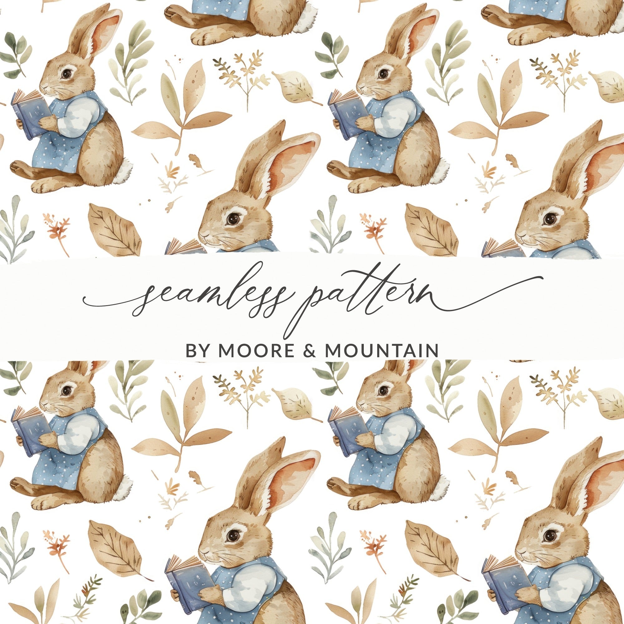Reading Bunny Seamless Pattern Digital Paper, Easter Rabbit Fabric Design, Watercolor Floral Background, Cute Animal Surface Pattern - Moore and Mountain