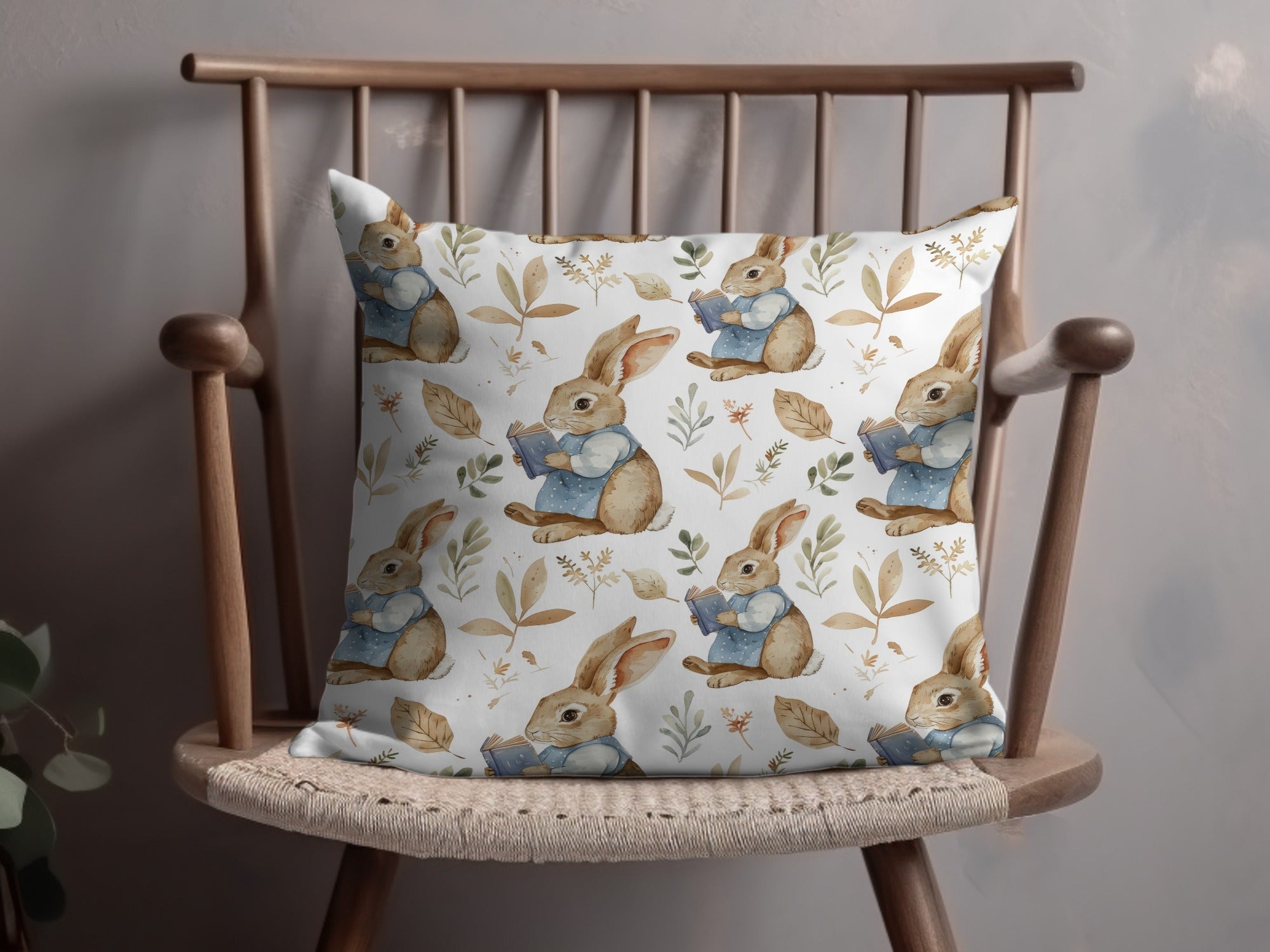 Reading Bunny Seamless Pattern Digital Paper, Easter Rabbit Fabric Design, Watercolor Floral Background, Cute Animal Surface Pattern - Moore and Mountain