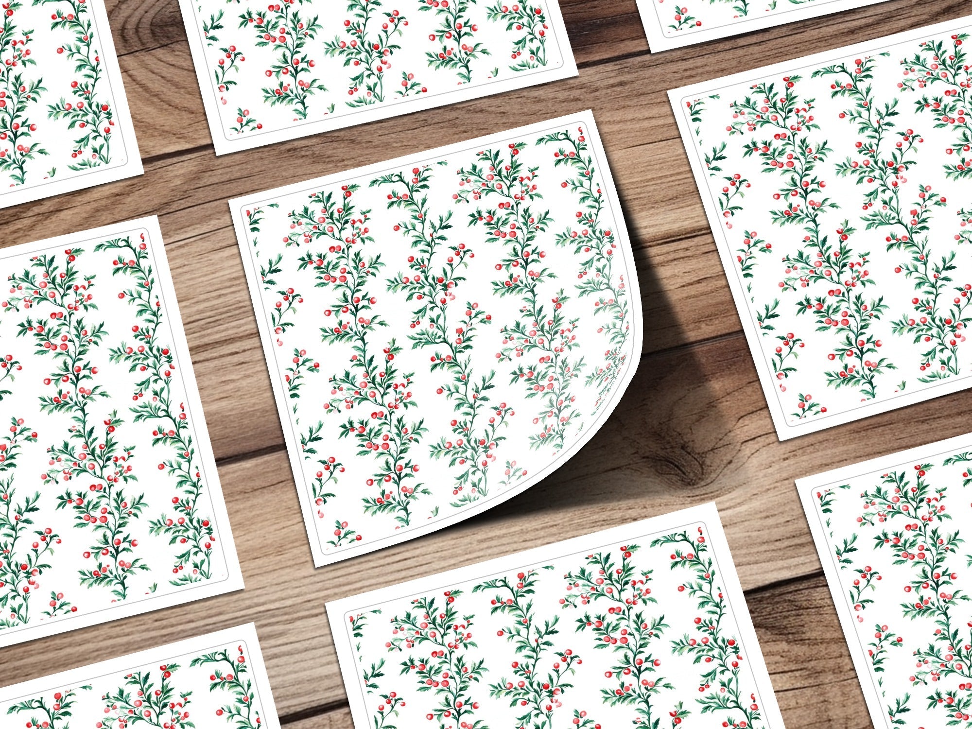 Red Berries Digital Paper, Watercolor Floral Pattern, Green Leaves Seamless Pattern, Christmas Pattern, Winter Design, Red Green - Moore and Mountain