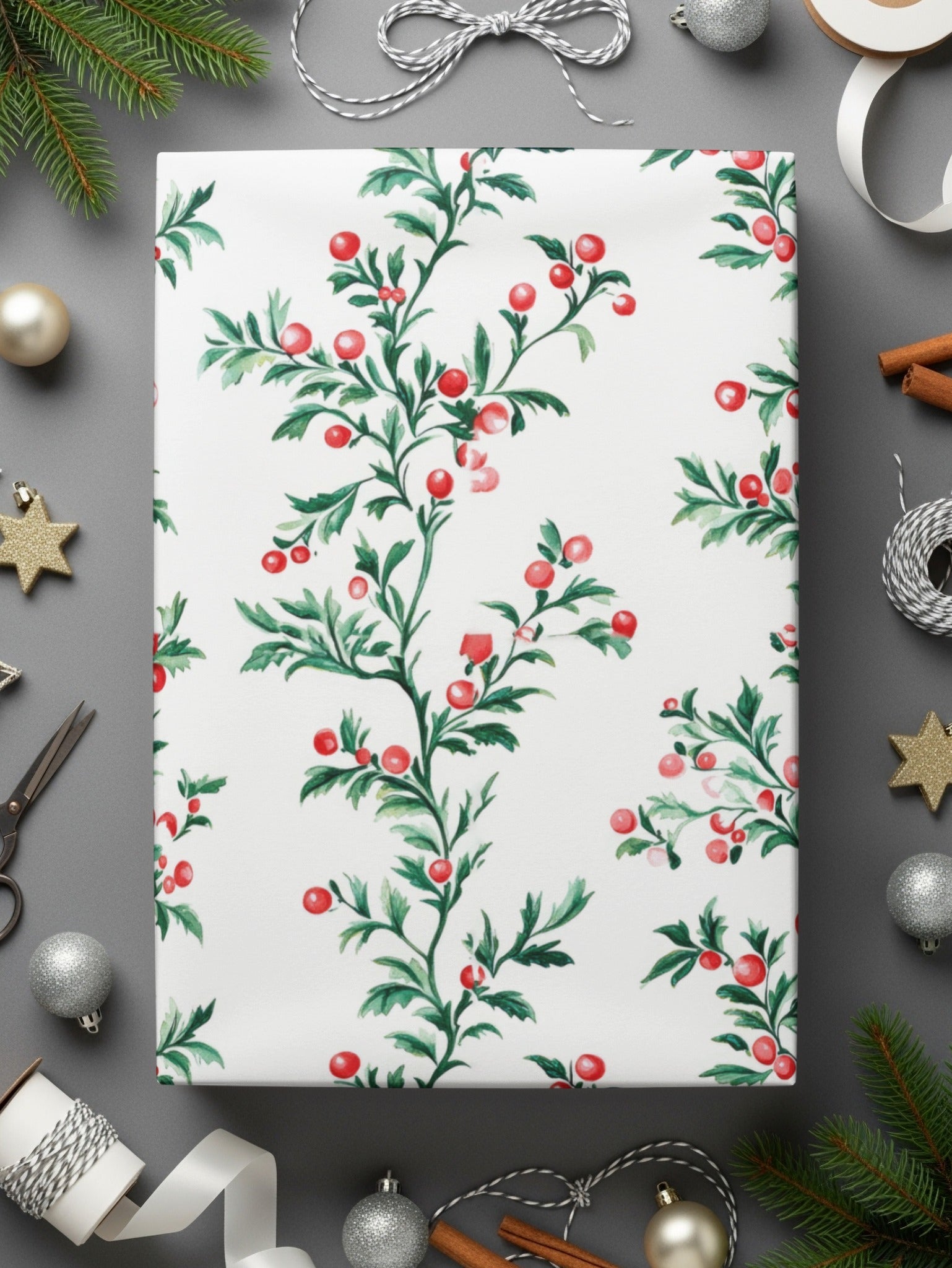 Red Berries Digital Paper, Watercolor Floral Pattern, Green Leaves Seamless Pattern, Christmas Pattern, Winter Design, Red Green - Moore and Mountain