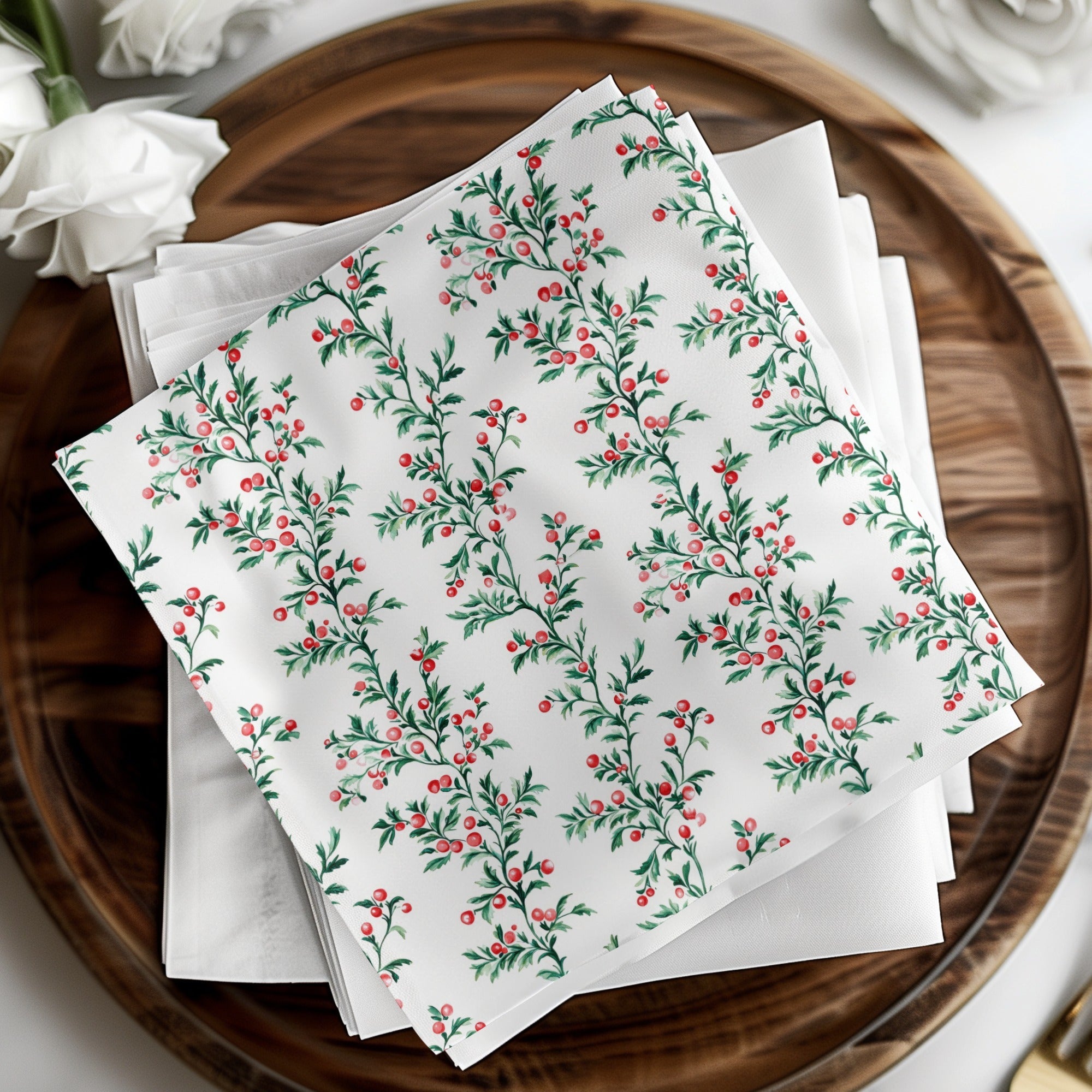 Red Berries Digital Paper, Watercolor Floral Pattern, Green Leaves Seamless Pattern, Christmas Pattern, Winter Design, Red Green - Moore and Mountain