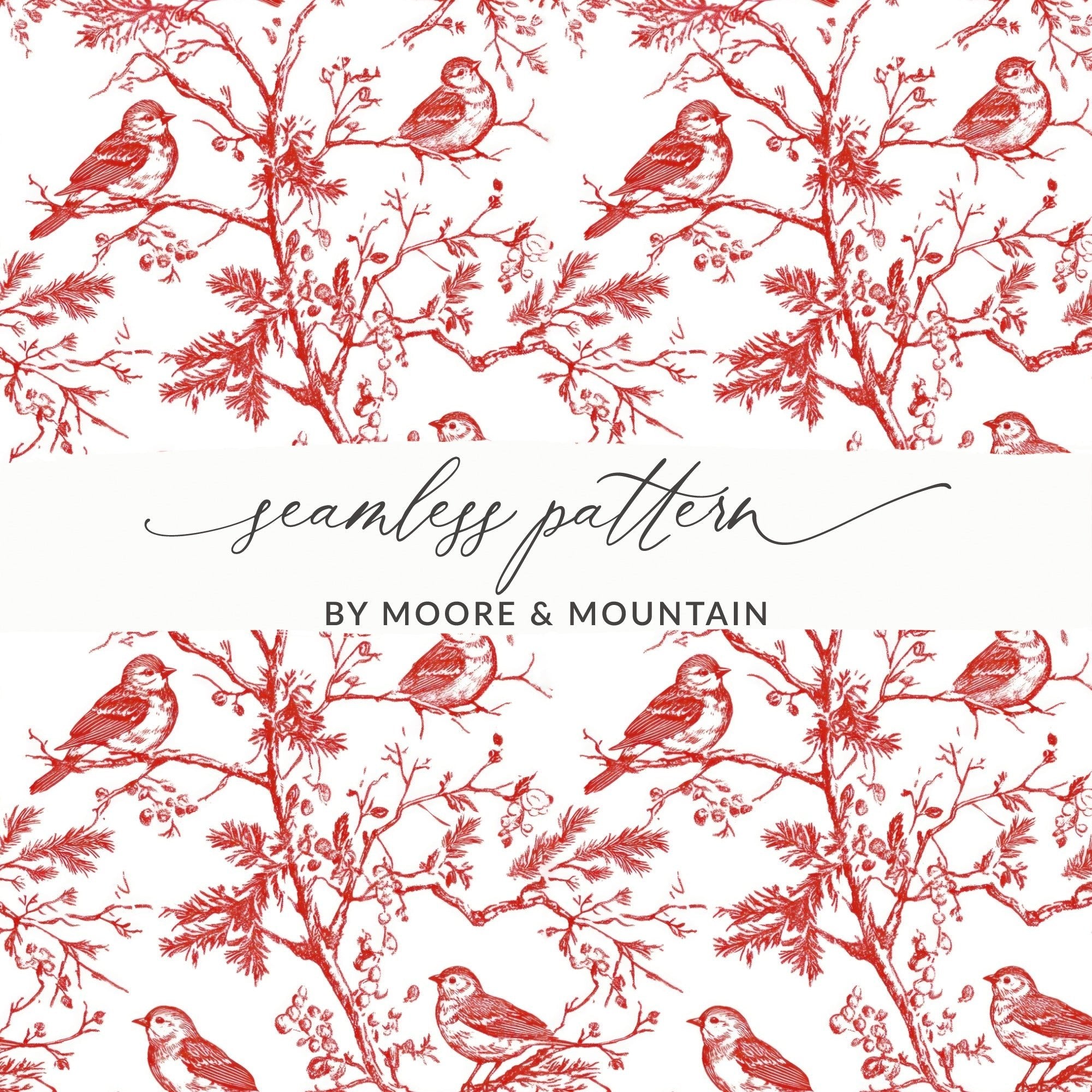 Red Bird Toile Digital Paper, Seamless Pattern, Printable Fabric Design, Rustic Bird Art, Scrapbook Paper, Digital Download - Moore and Mountain