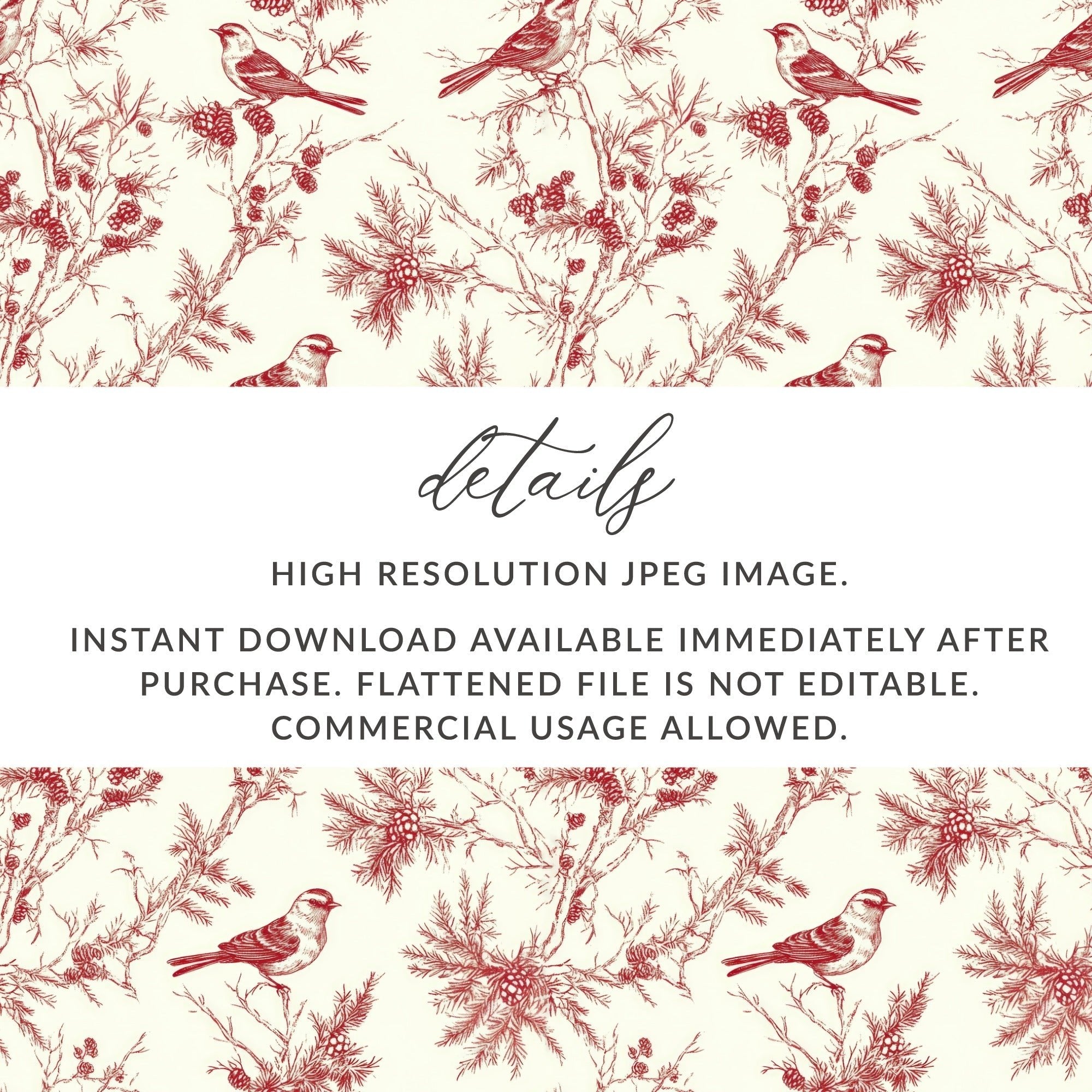 Red Bird Winter Chinoiserie Digital Paper, Winter Pattern, Birds on Branches, Christmas - Moore and Mountain