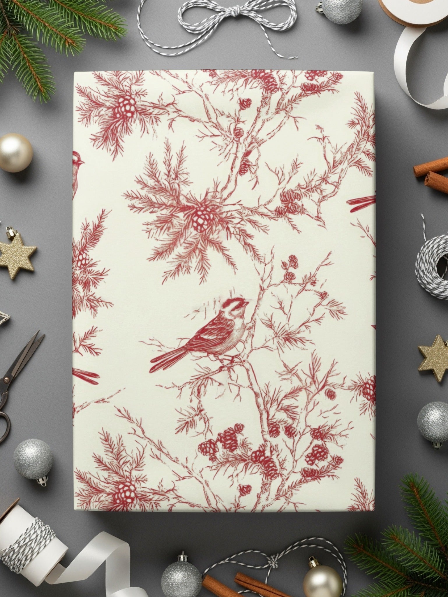 Red Bird Winter Chinoiserie Digital Paper, Winter Pattern, Birds on Branches, Christmas - Moore and Mountain