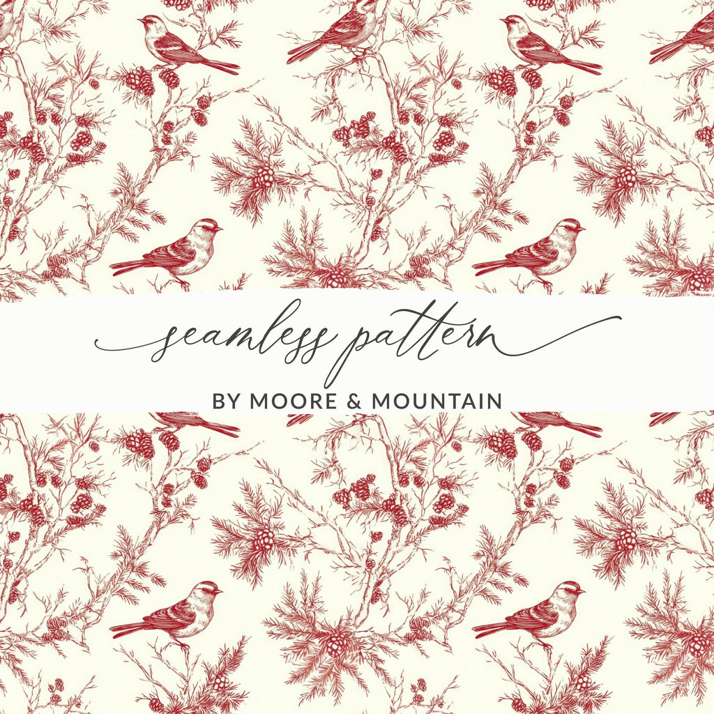 Red Bird Winter Chinoiserie Digital Paper, Winter Pattern, Birds on Branches, Christmas - Moore and Mountain