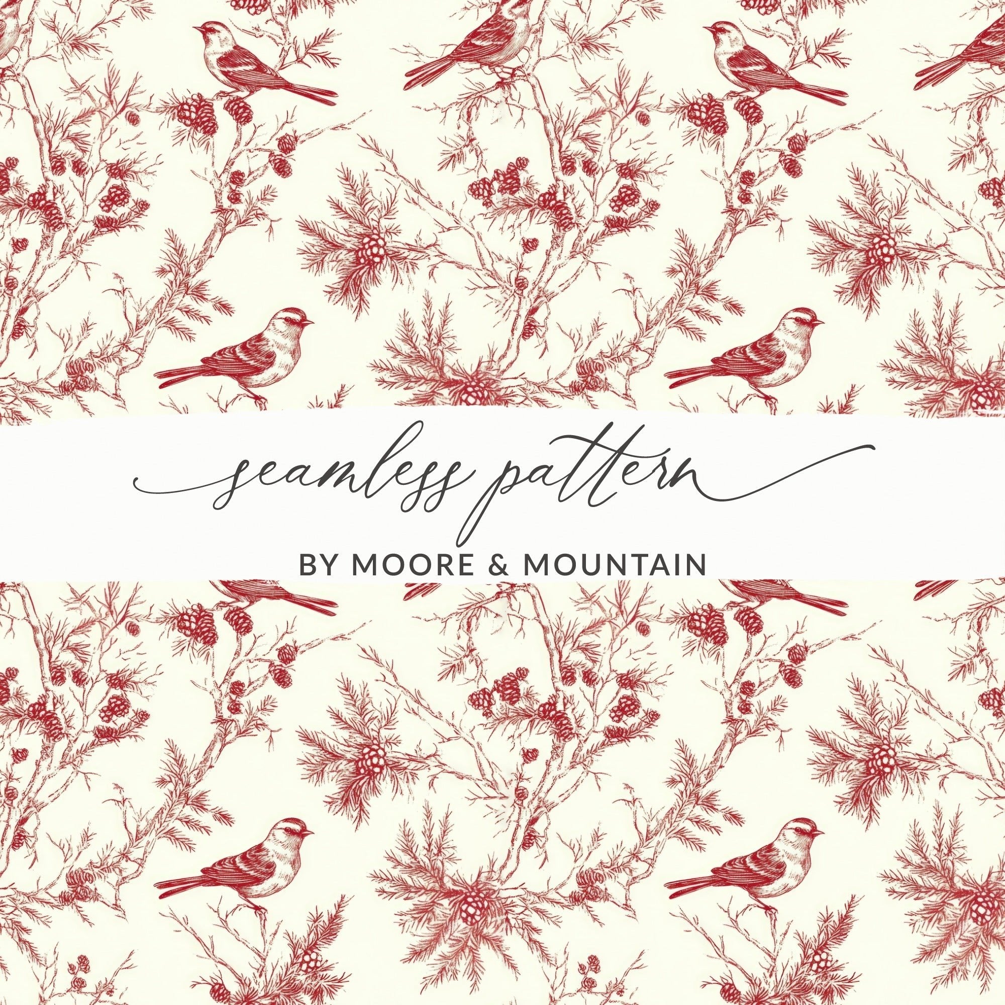 Red Bird Winter Chinoiserie Digital Paper, Winter Pattern, Birds on Branches, Christmas - Moore and Mountain