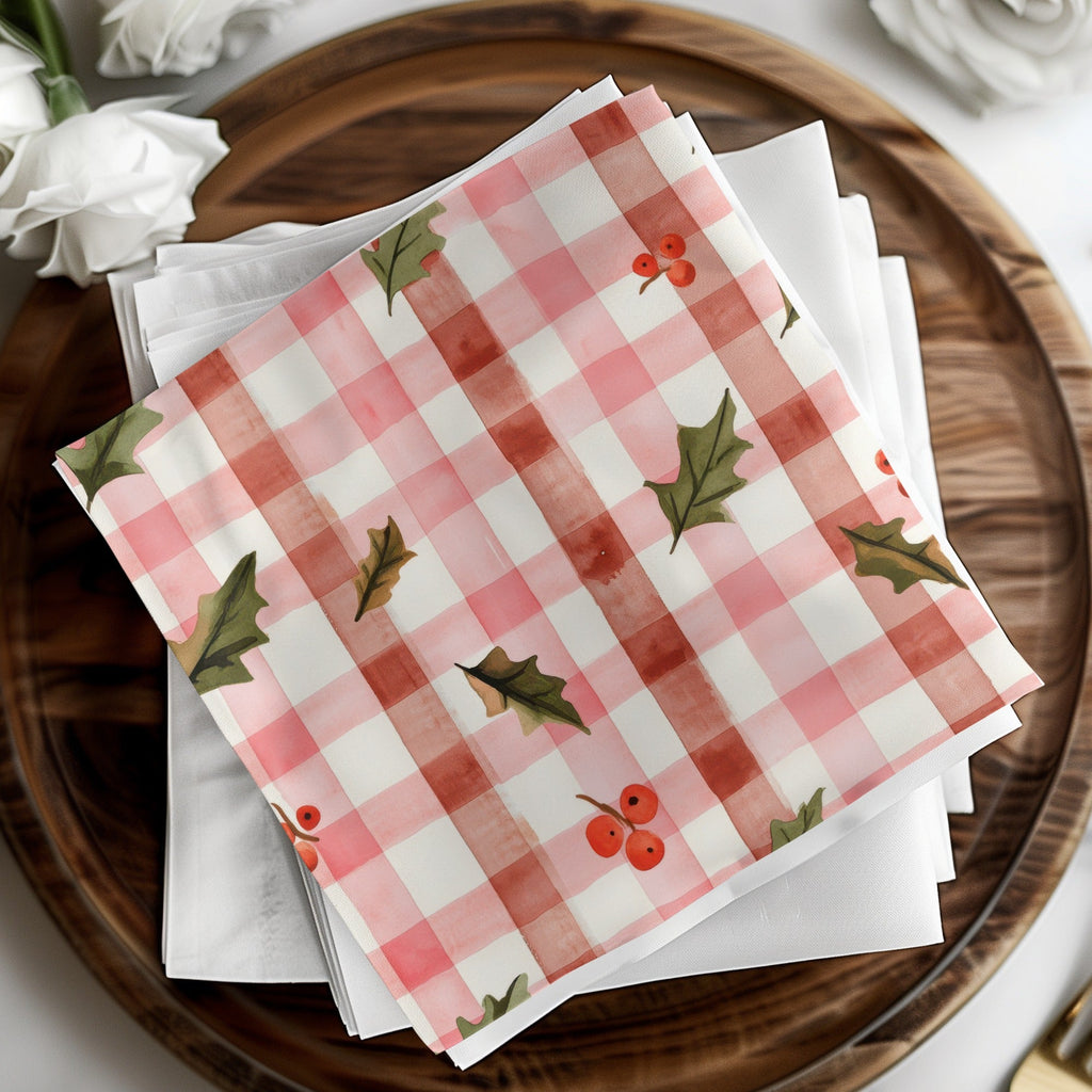 Red Buffalo Check Christmas Plaid With Holly Berries Seamless Pattern Checkered Xmas - Moore and Mountain