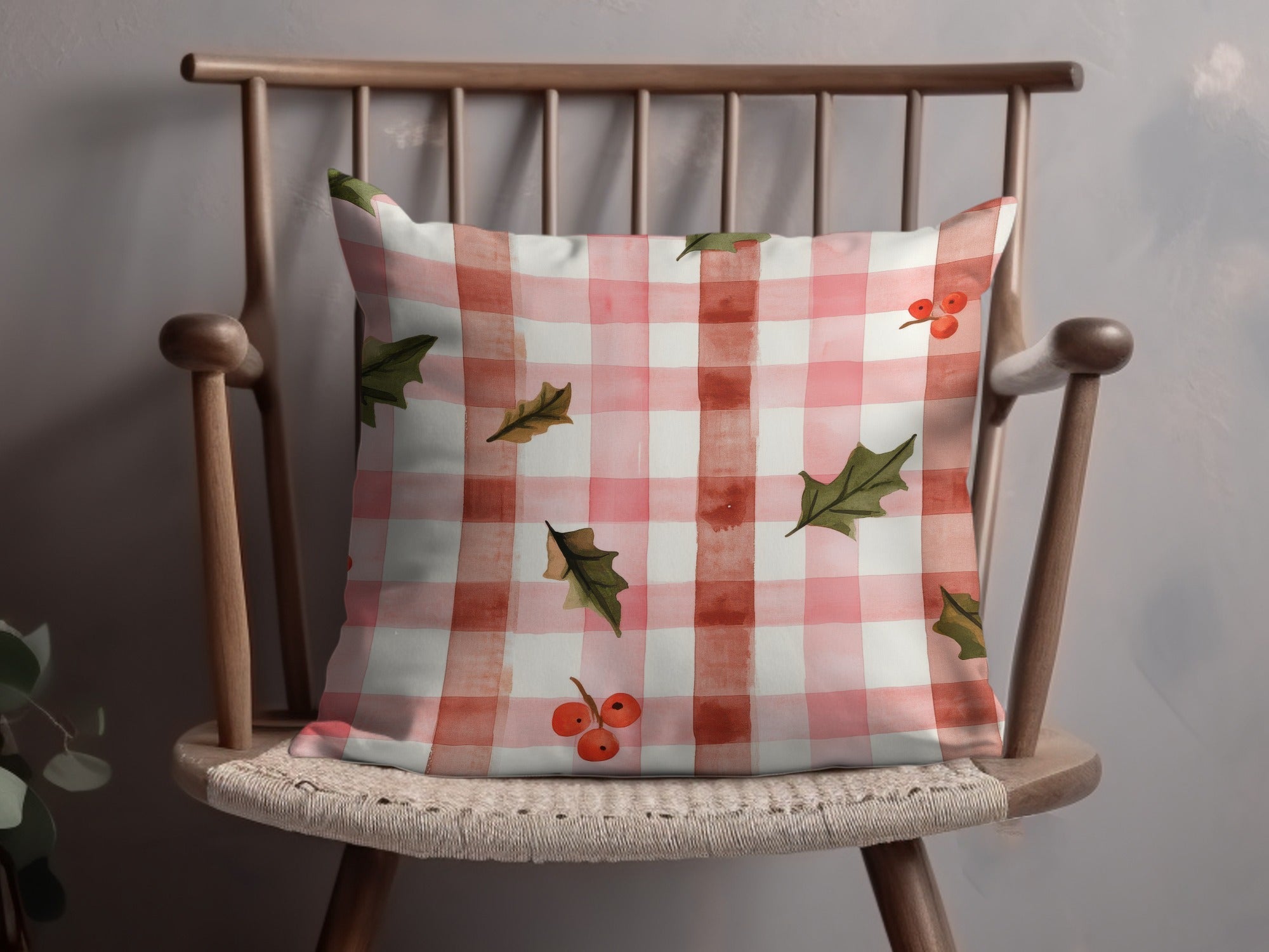 Red Buffalo Check Christmas Plaid With Holly Berries Seamless Pattern Checkered Xmas - Moore and Mountain