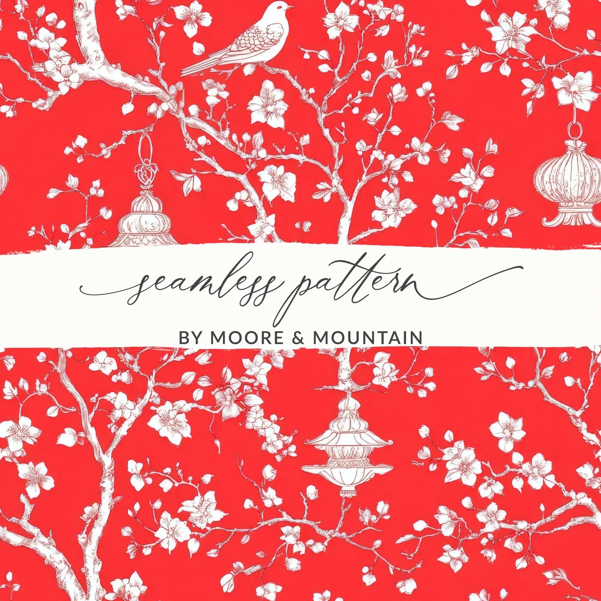 Red Chinoiserie Digital Paper, Floral Seamless Pattern, Bird Lantern Design, Scrapbooking Paper, Digital Download for Commercial Use - Moore and Mountain