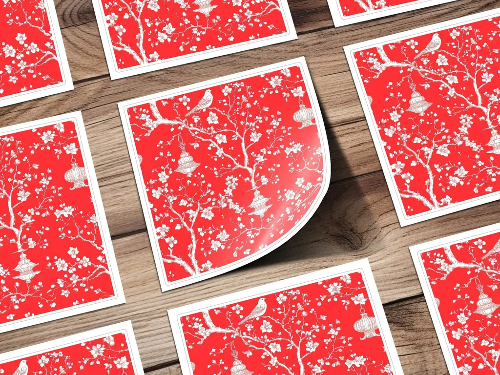 Red Chinoiserie Digital Paper, Floral Seamless Pattern, Bird Lantern Design, Scrapbooking Paper, Digital Download for Commercial Use - Moore and Mountain