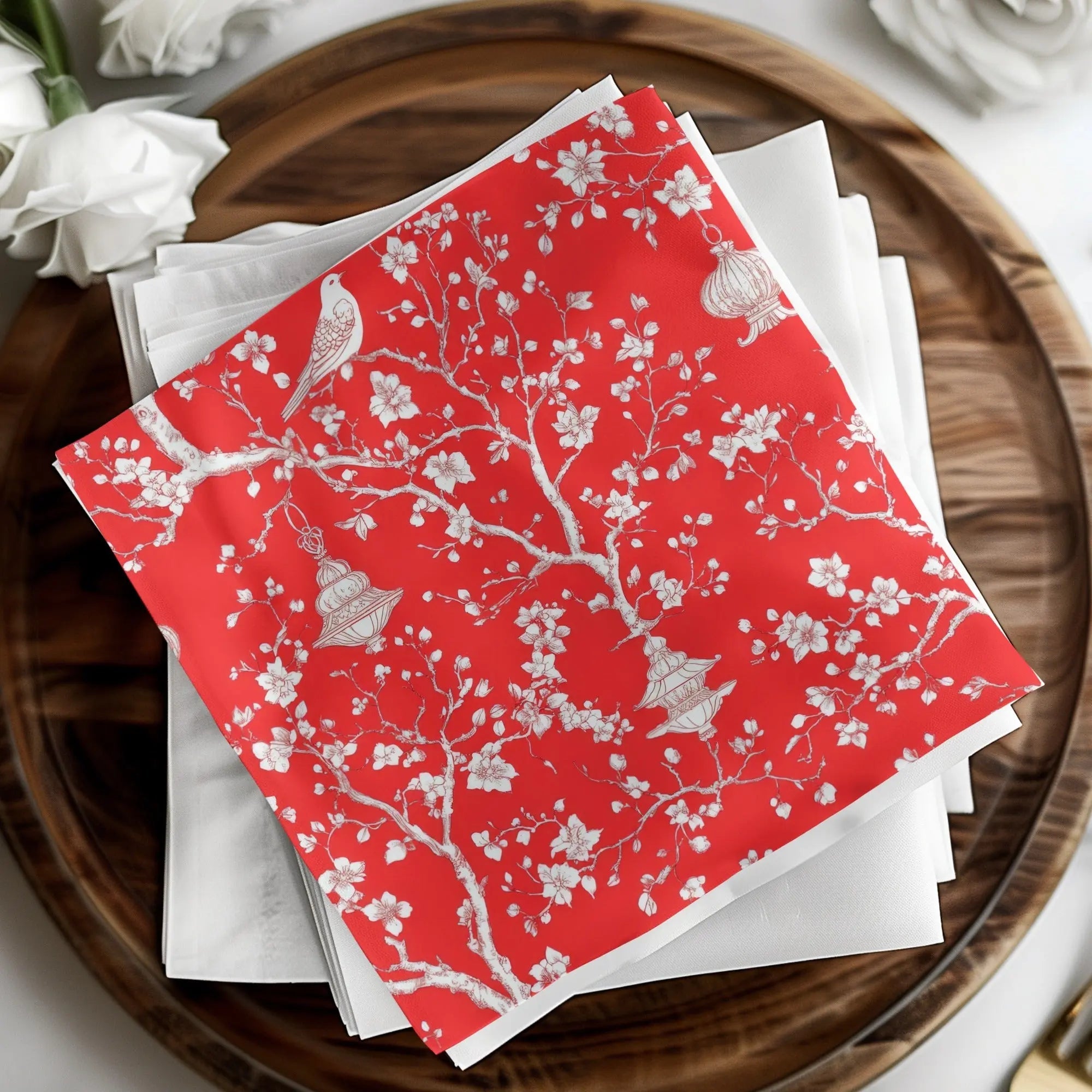 Red Chinoiserie Digital Paper, Floral Seamless Pattern, Bird Lantern Design, Scrapbooking Paper, Digital Download for Commercial Use - Moore and Mountain