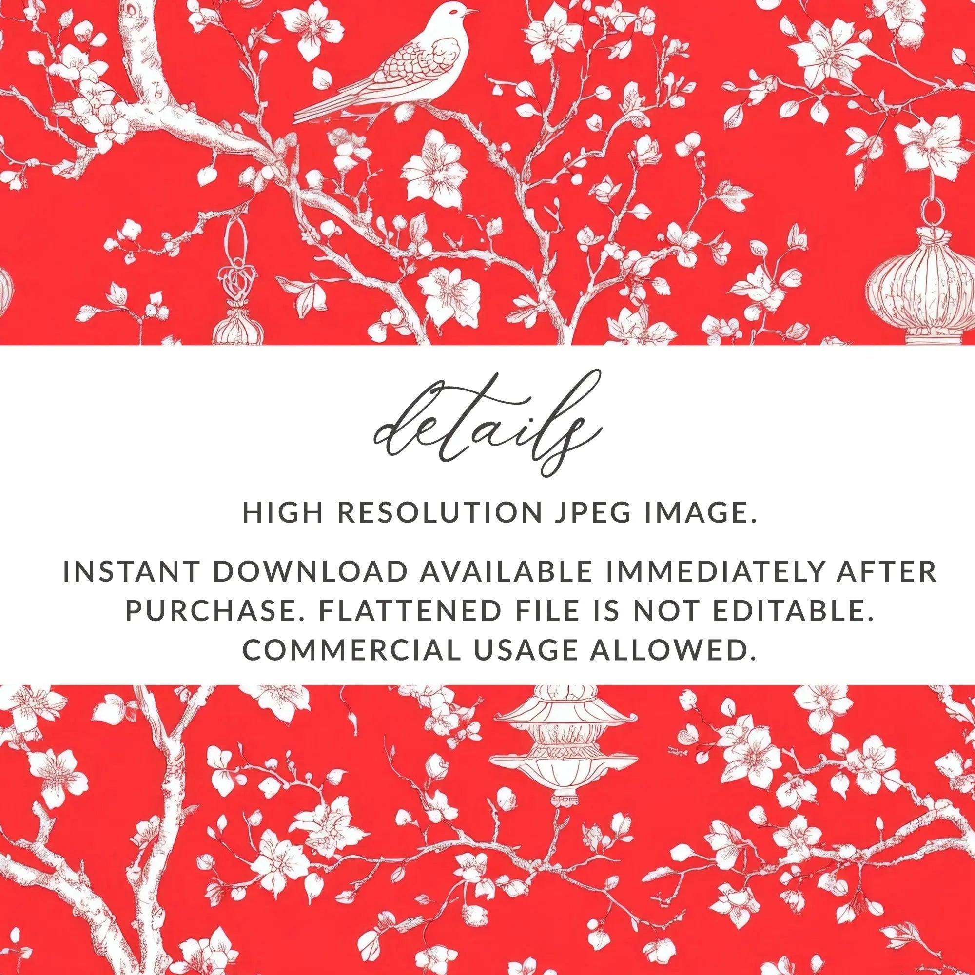 Red Chinoiserie Digital Paper, Floral Seamless Pattern, Bird Lantern Design, Scrapbooking Paper, Digital Download for Commercial Use - Moore and Mountain