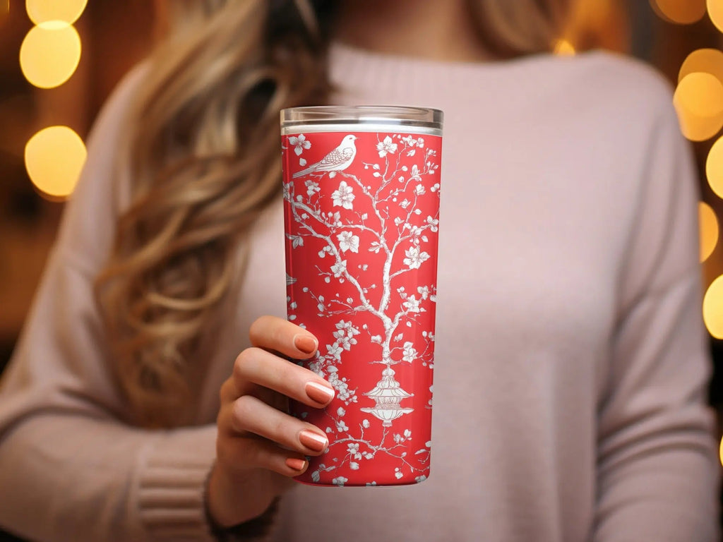 Red Chinoiserie Digital Paper, Floral Seamless Pattern, Bird Lantern Design, Scrapbooking Paper, Digital Download for Commercial Use - Moore and Mountain