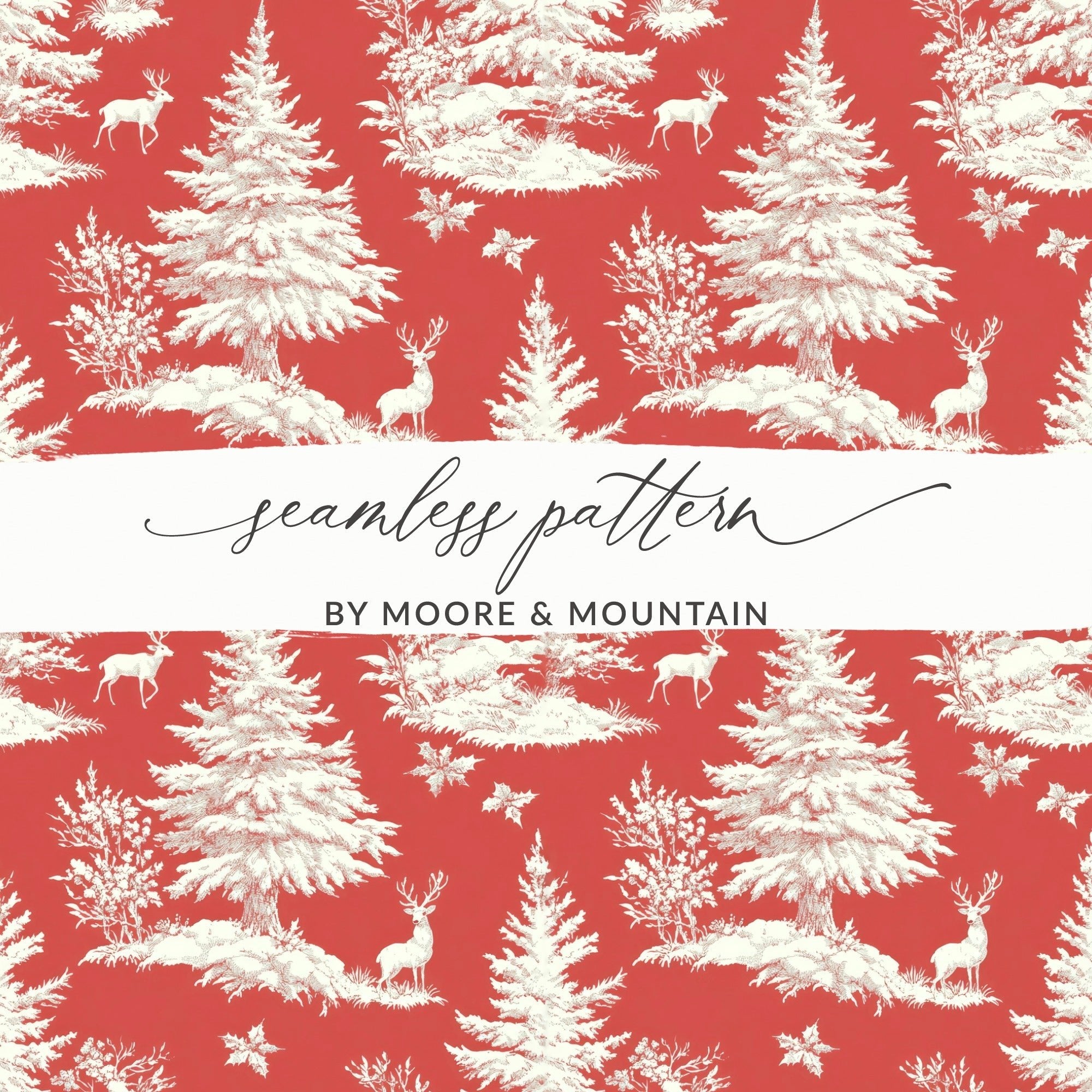 Red Christmas Toile Digital Pattern, Seamless Winter Deer Forest Print, Holiday Fabric Design, Festive Paper Download, Repeating Tile Image - Moore and Mountain