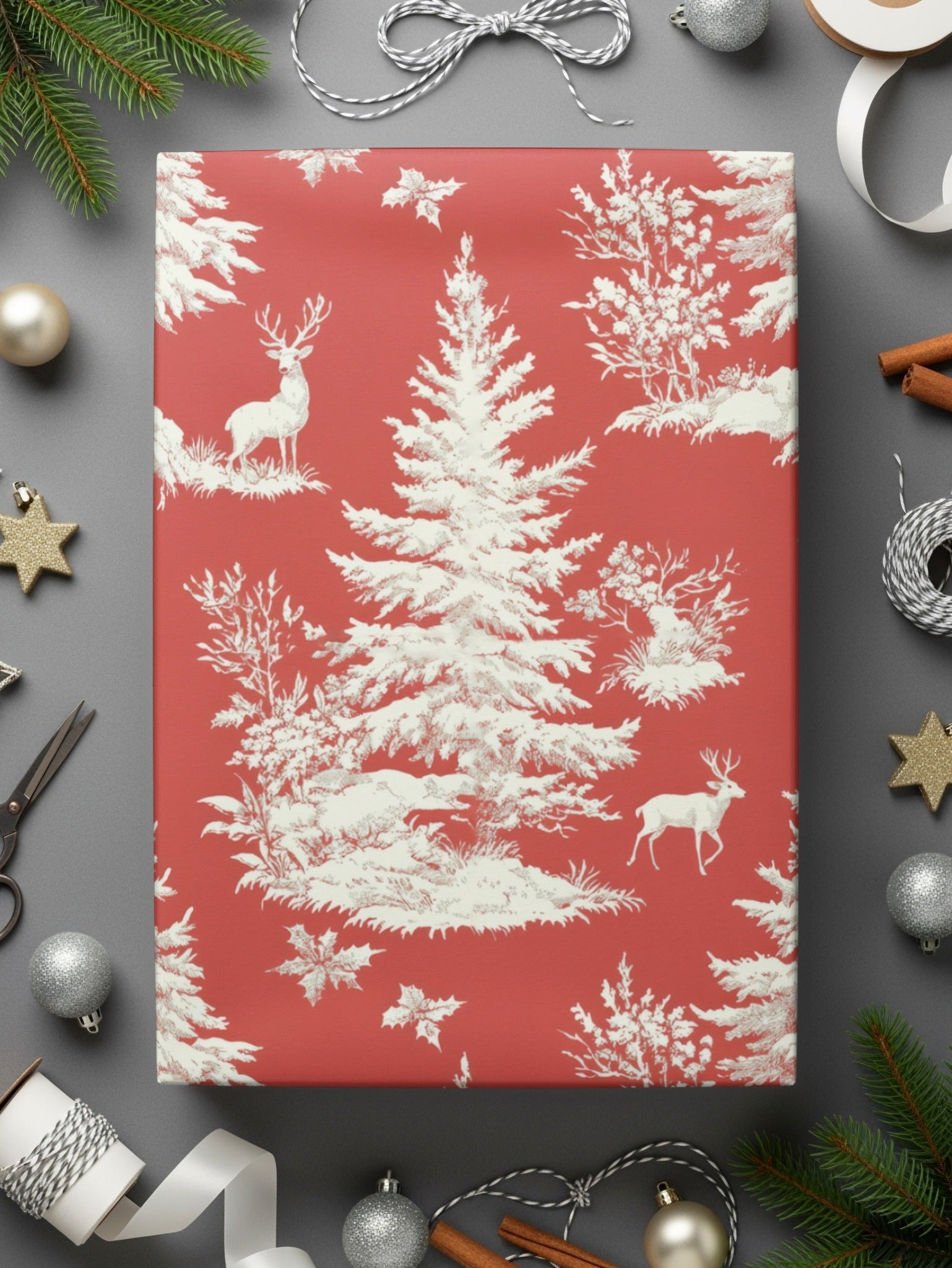 Red Christmas Toile Digital Pattern, Seamless Winter Deer Forest Print, Holiday Fabric Design, Festive Paper Download, Repeating Tile Image - Moore and Mountain