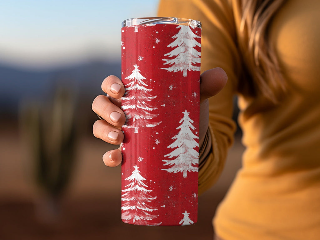 Red Christmas Tree Digital Paper, White Pine Tree Pattern, Holiday Scrapbook Paper, Winter Seamless Pattern, Christmas Background - Moore and Mountain