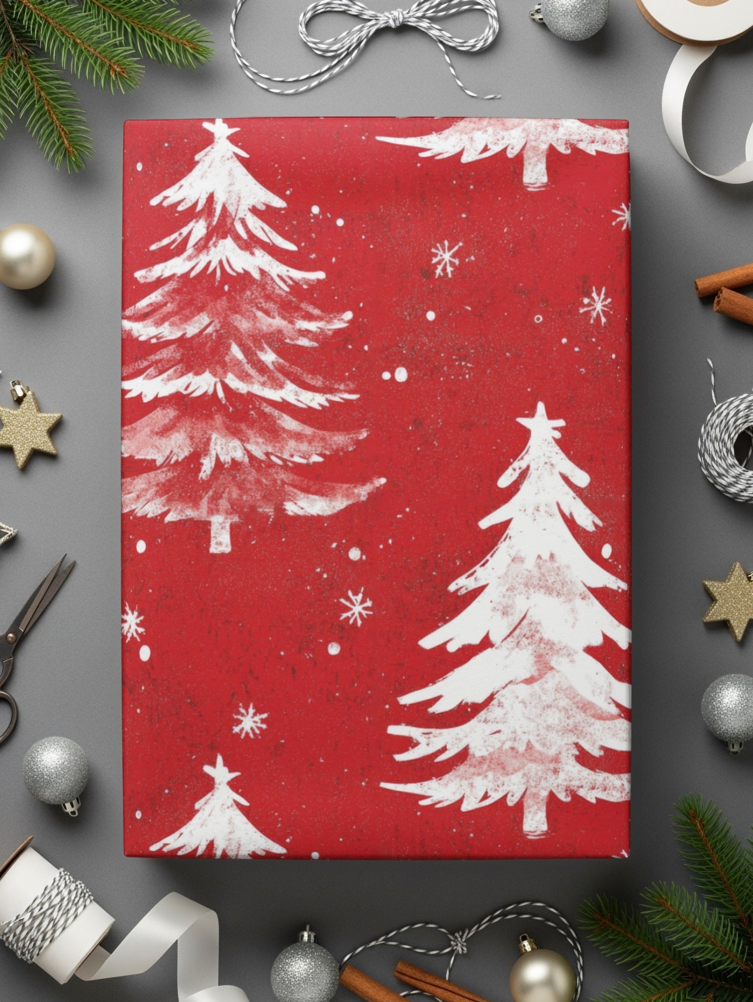 Red Christmas Tree Digital Paper, White Pine Tree Pattern, Holiday Scrapbook Paper, Winter Seamless Pattern, Christmas Background - Moore and Mountain