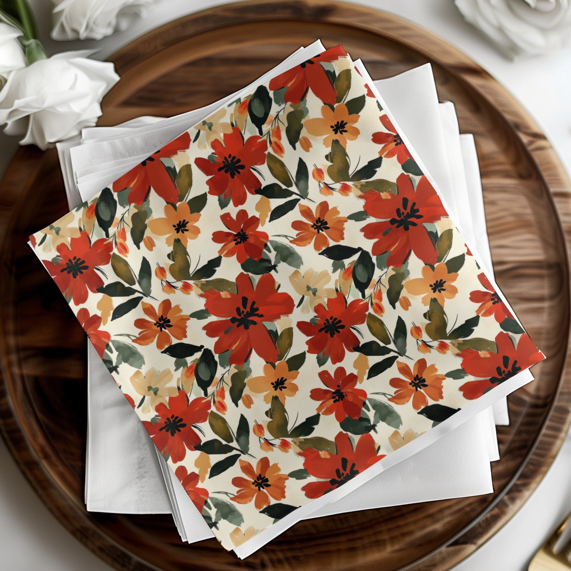 Red Floral Digital Paper, Watercolor Flower Pattern, Seamless Autumn Bloom Design, Fabric Design, Digital Download (120) - Moore and Mountain