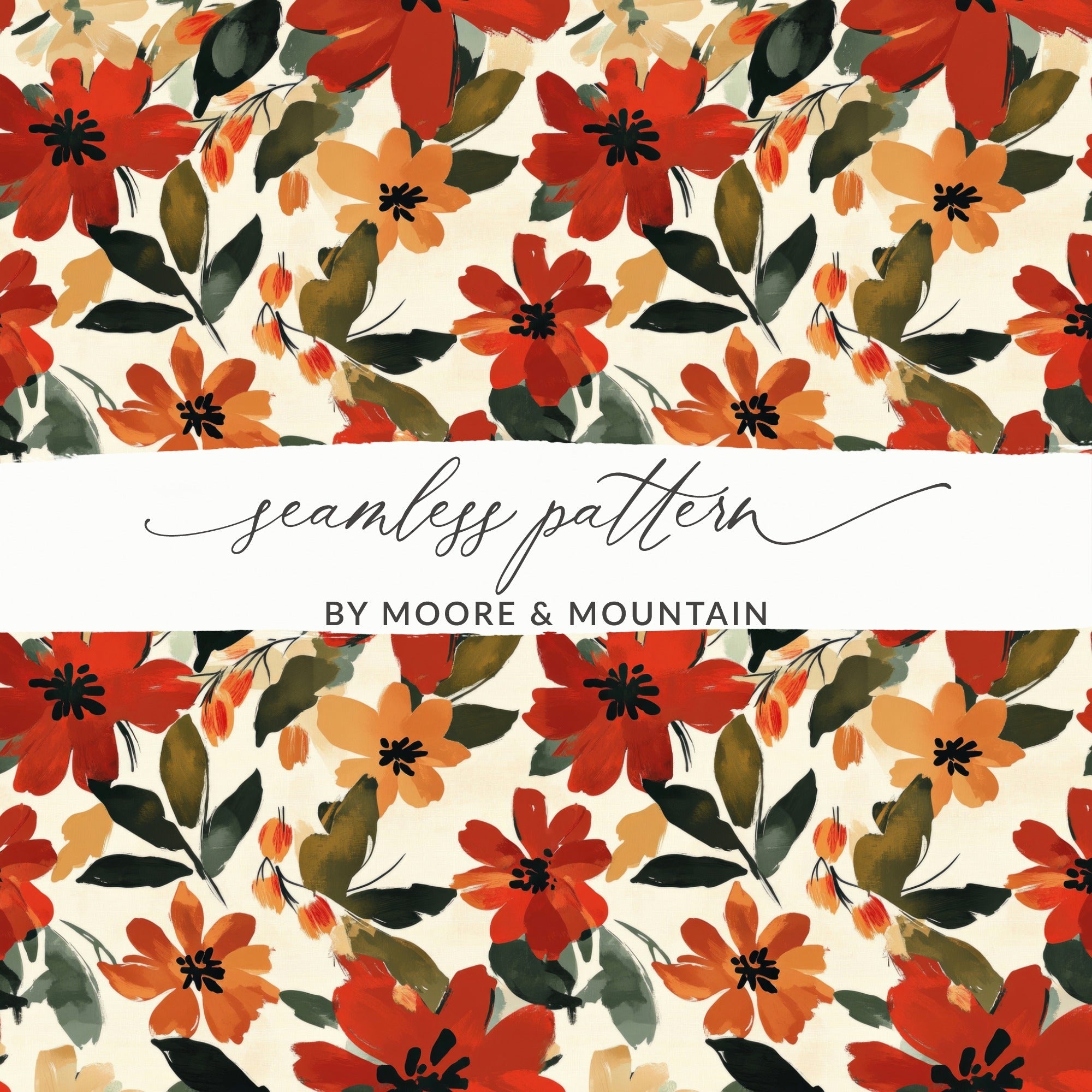 Red Floral Digital Paper, Watercolor Flower Pattern, Seamless Autumn Bloom Design, Fabric Design, Digital Download (120) - Moore and Mountain