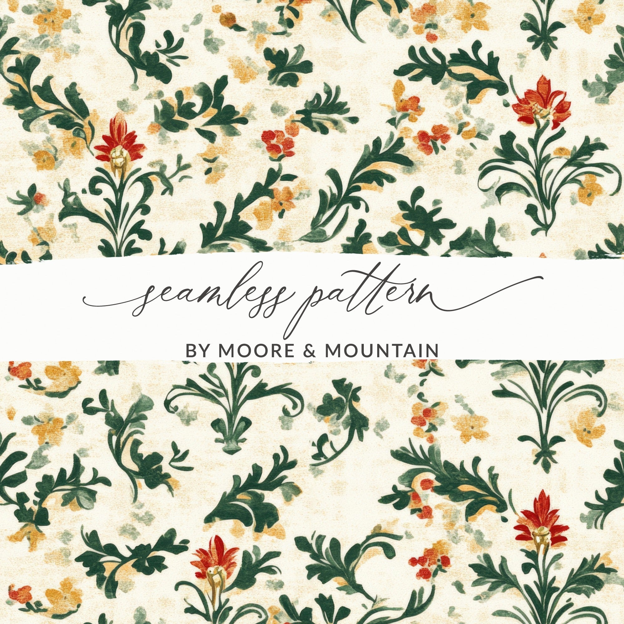 Red Flower Digital Paper, Green Leaves Pattern, Vintage Floral Design, Printable Scrapbook Paper, Fall, Winter Digital Background - Moore and Mountain