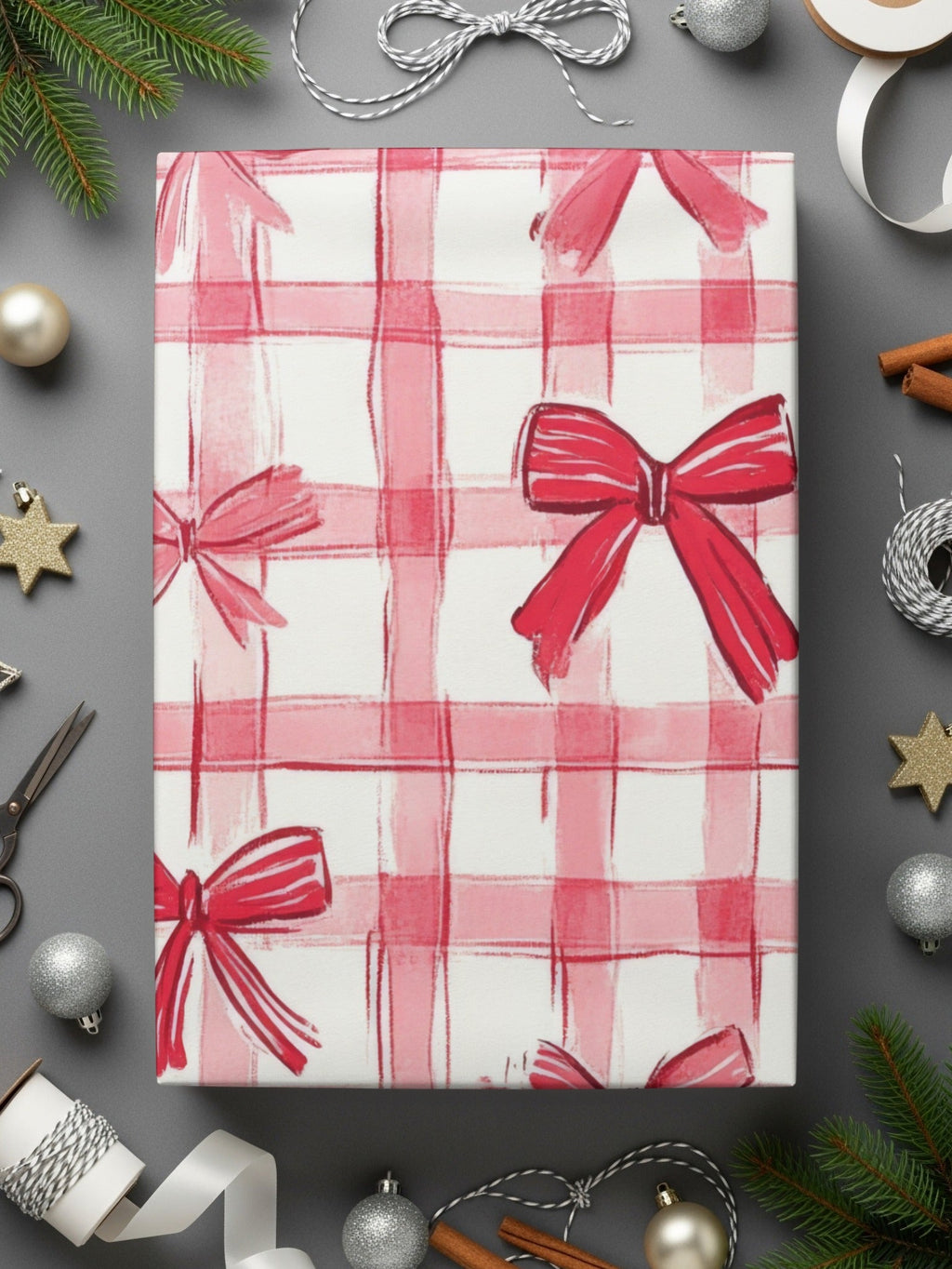 Red Gingham Bows, Digital Paper, Seamless Pattern, Plaid Texture, Fabric Design, Scrapbooking Paper, Commercial Use, Two Scales - Moore and Mountain