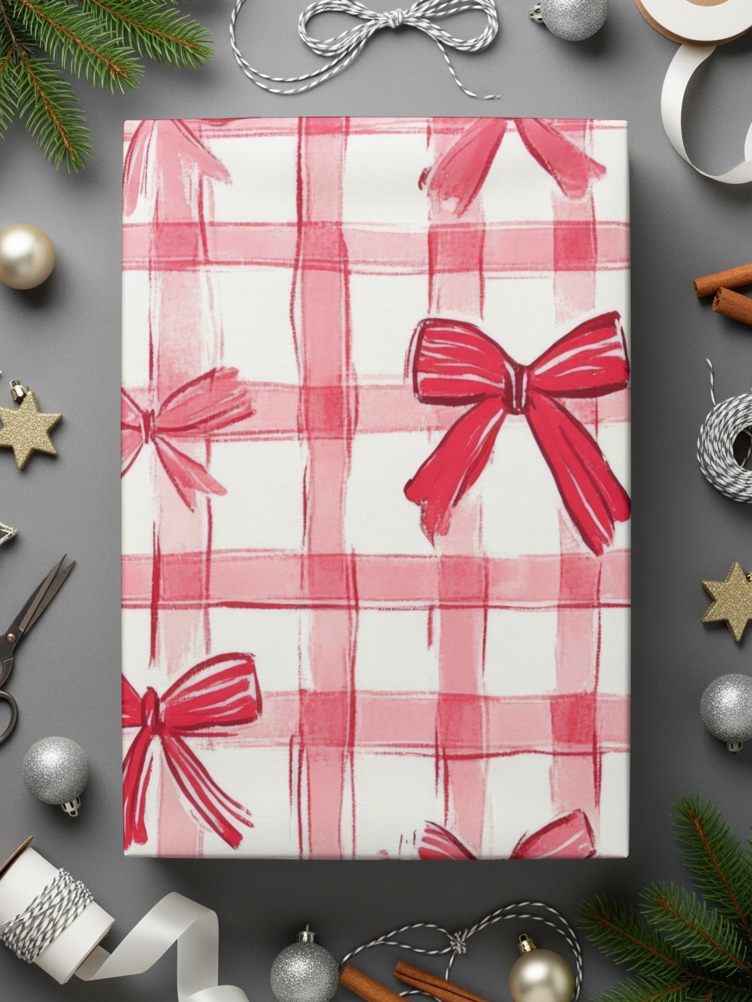 Red Gingham Bows, Digital Paper, Seamless Pattern, Plaid Texture, Fabric Design, Scrapbooking Paper, Commercial Use, Two Scales - Moore and Mountain