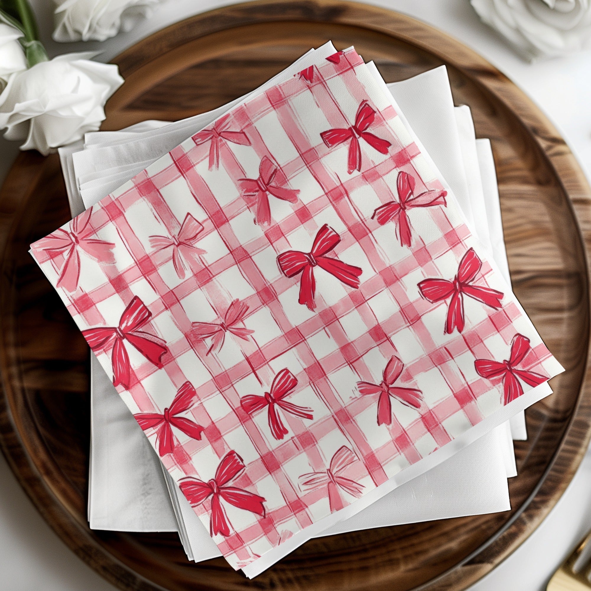 Red Gingham Bows, Digital Paper, Seamless Pattern, Plaid Texture, Fabric Design, Scrapbooking Paper, Commercial Use, Two Scales - Moore and Mountain