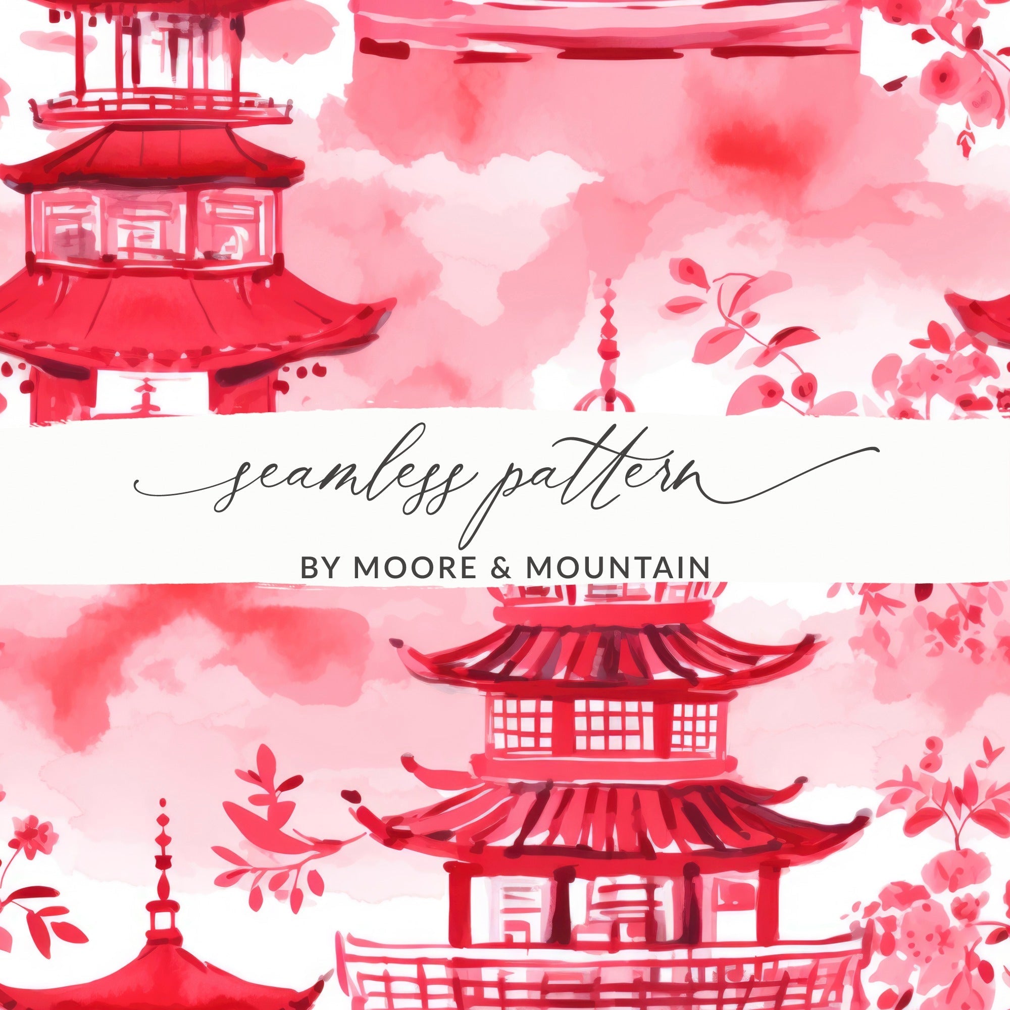 Red Pagoda Digital Paper, Japanese Seamless Pattern, Oriental Design, Scrapbook Paper, Asian Fabric, Chinoiserie Printable Paper, Digital - Moore and Mountain