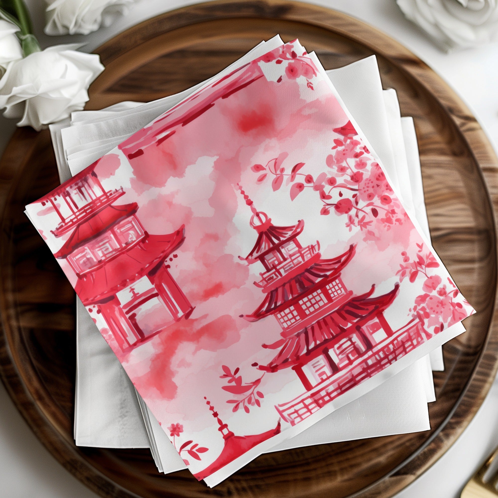 Red Pagoda Digital Paper, Japanese Seamless Pattern, Oriental Design, Scrapbook Paper, Asian Fabric, Chinoiserie Printable Paper, Digital - Moore and Mountain