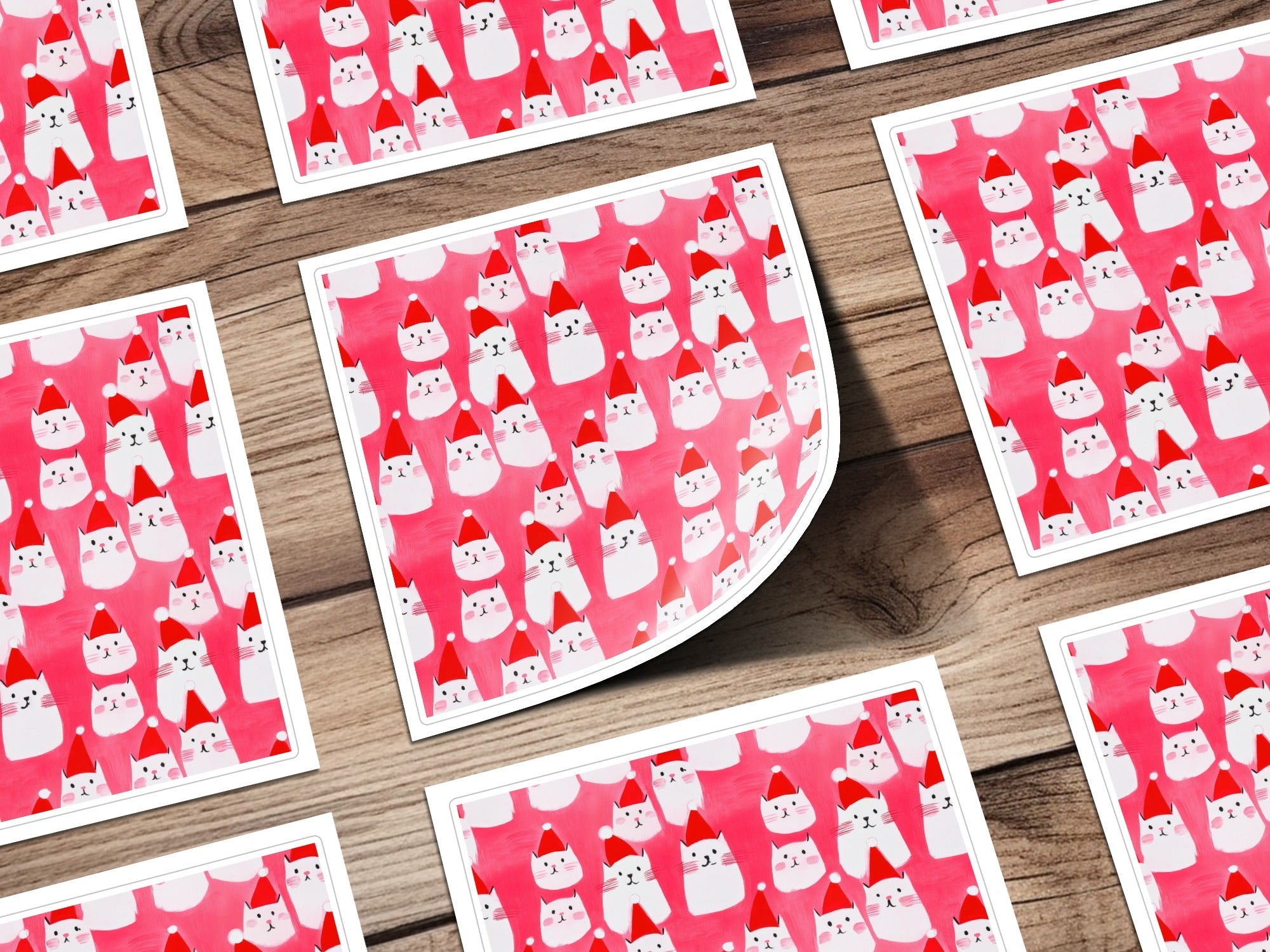 Red Pink Cat Santa Hat Digital Paper, Christmas Kitten Pattern, Holiday Pet Fabric Design, Winter Festive Download, Seamless - Moore and Mountain