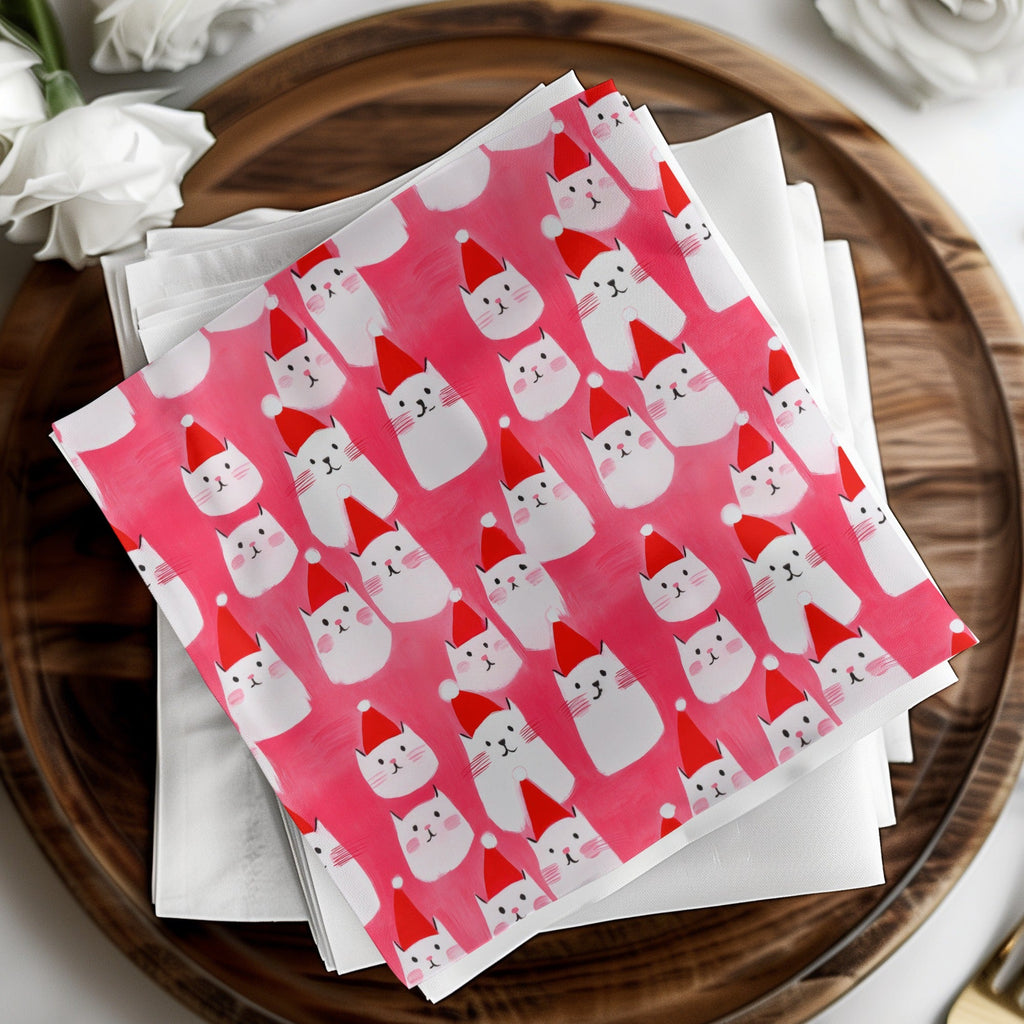 Red Pink Cat Santa Hat Digital Paper, Christmas Kitten Pattern, Holiday Pet Fabric Design, Winter Festive Download, Seamless - Moore and Mountain