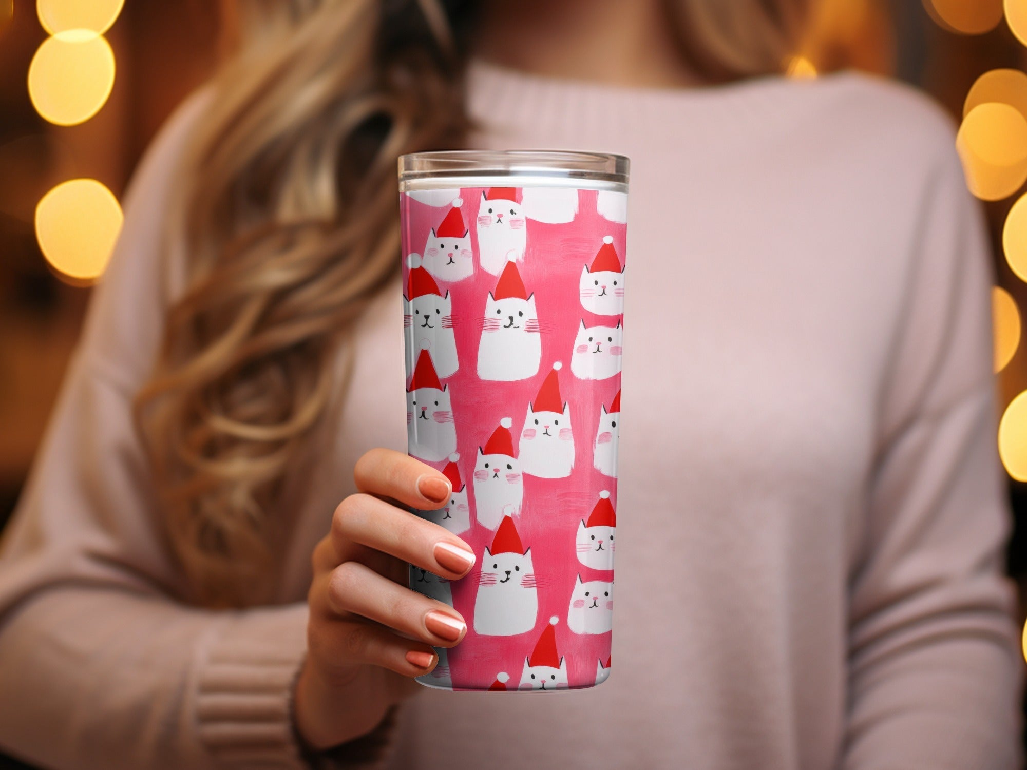 Red Pink Cat Santa Hat Digital Paper, Christmas Kitten Pattern, Holiday Pet Fabric Design, Winter Festive Download, Seamless - Moore and Mountain